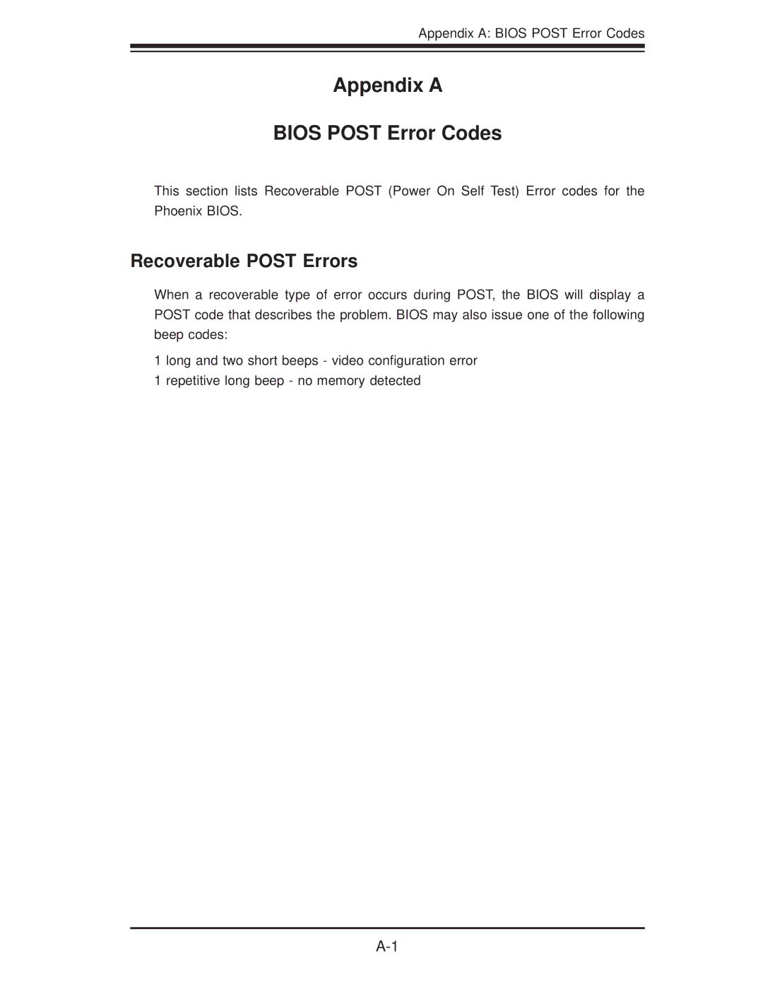 SUPER MICRO Computer X7DVL-3 user manual Appendix a Bios Post Error Codes, Recoverable Post Errors 