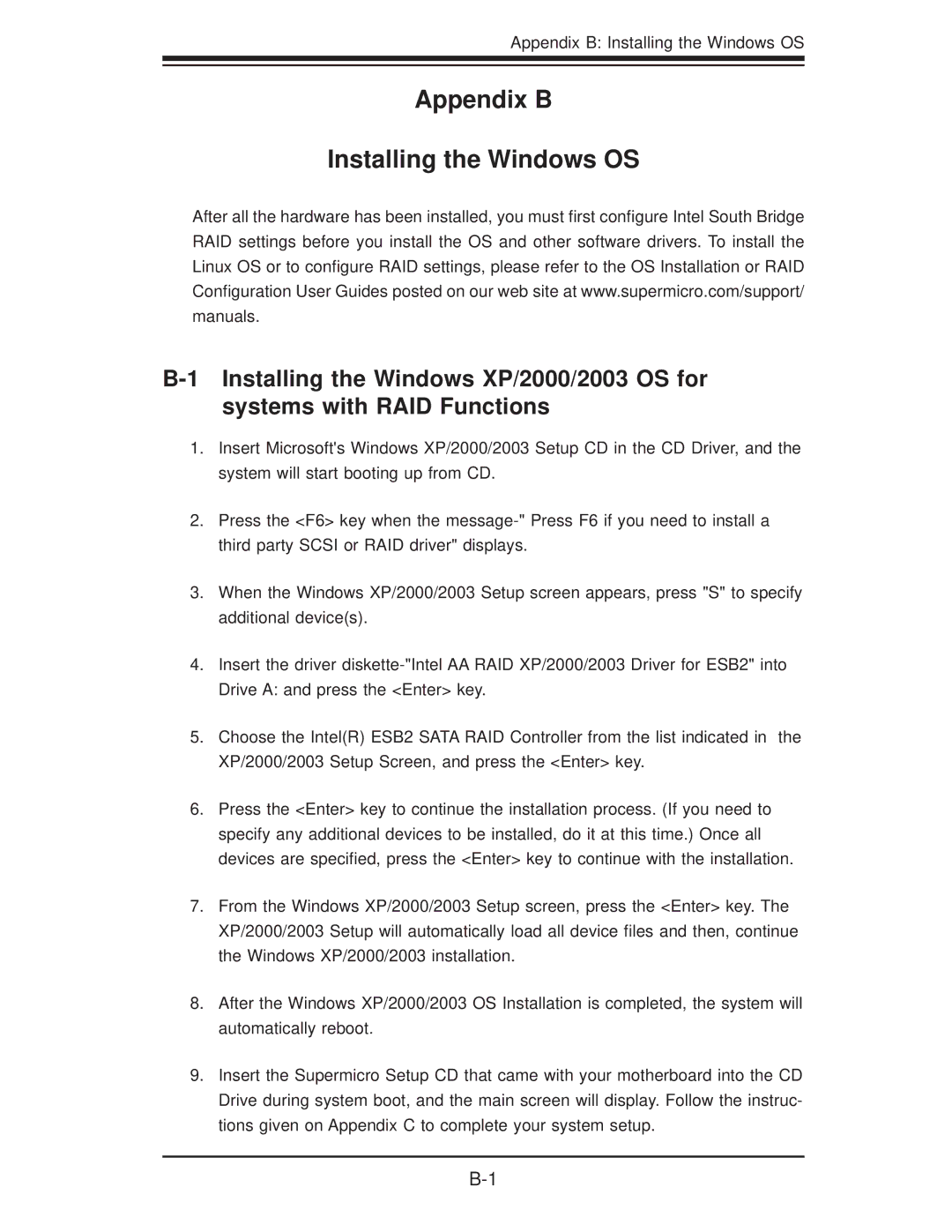 SUPER MICRO Computer X7DVL-3 user manual Appendix B Installing the Windows OS 