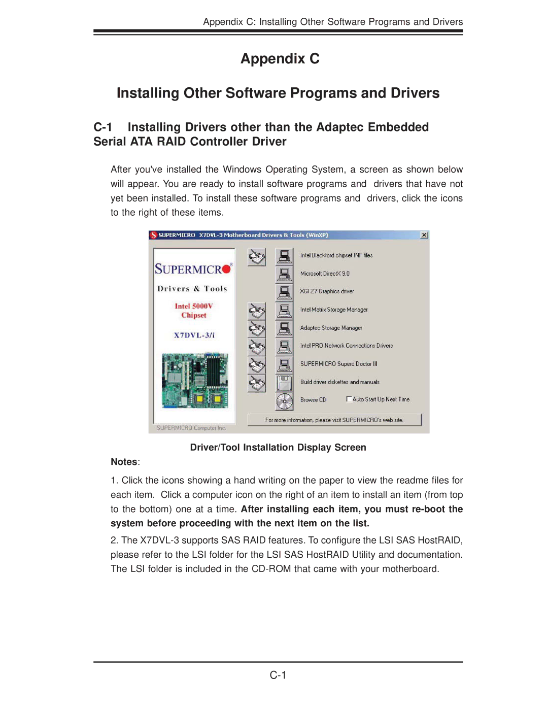 SUPER MICRO Computer X7DVL-3 user manual Appendix C Installing Other Software Programs and Drivers 