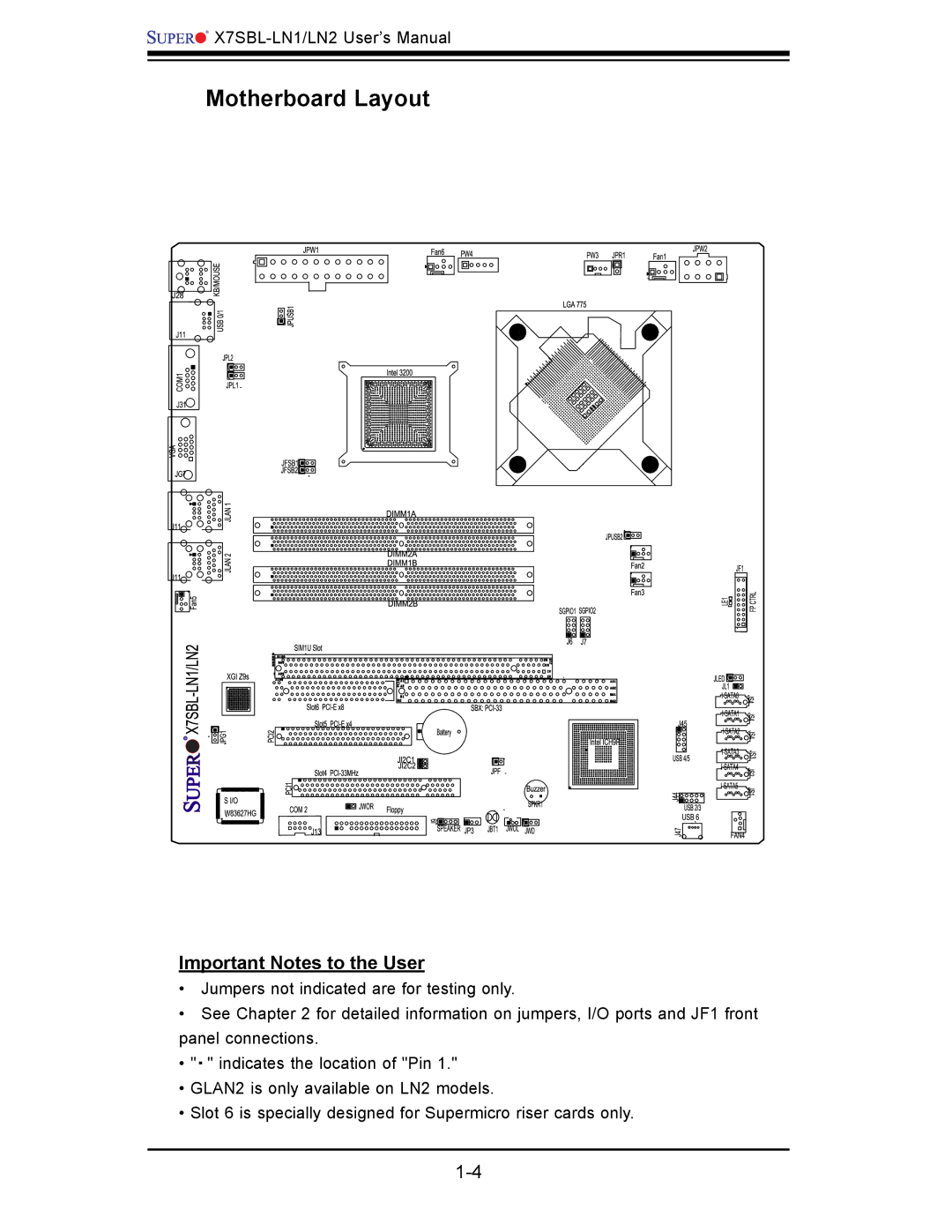 SUPER MICRO Computer X7SBL-LN1/LN2 user manual Motherboard Layout, Important Notes to the User 