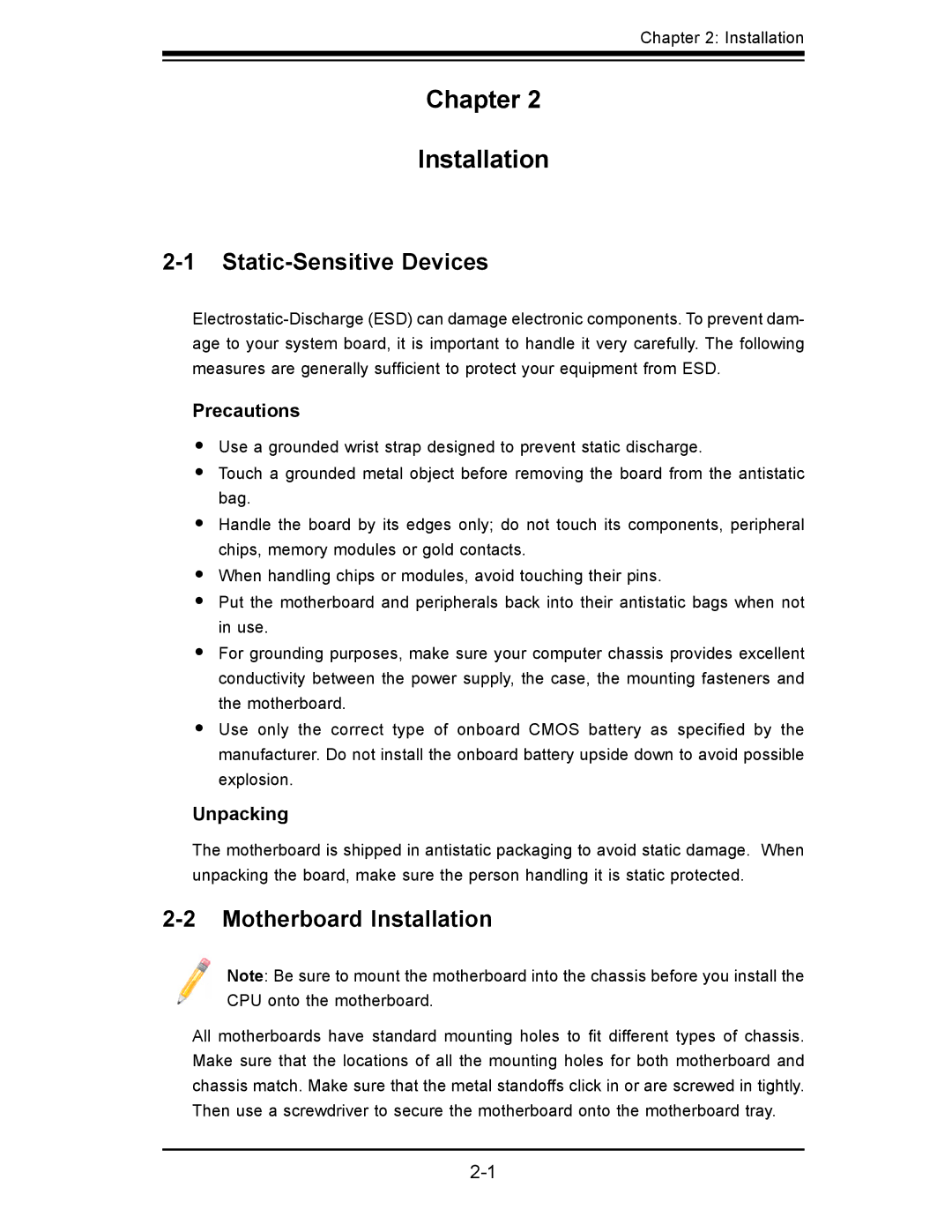 SUPER MICRO Computer X7SBL-LN1/LN2 user manual Static-Sensitive Devices, Motherboard Installation, Precautions, Unpacking 