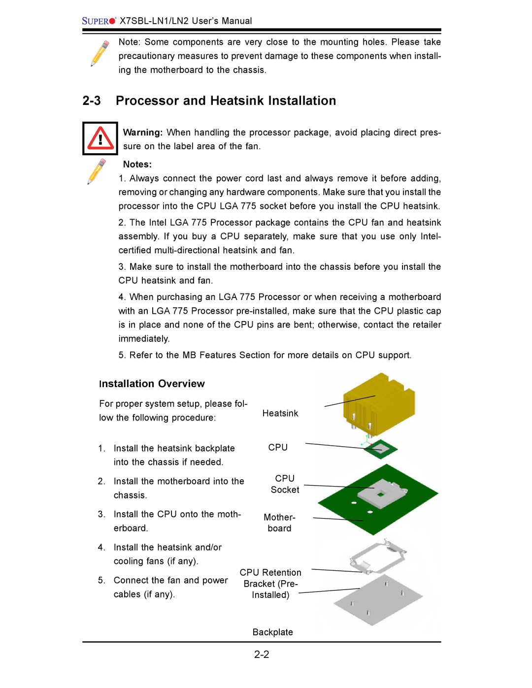 SUPER MICRO Computer X7SBL-LN1/LN2 user manual Processor and Heatsink Installation, Installation Overview 