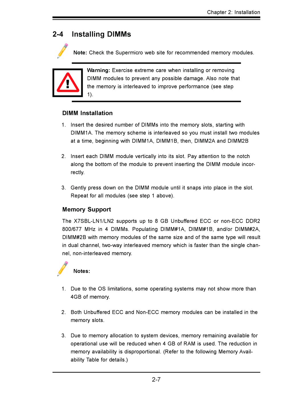 SUPER MICRO Computer X7SBL-LN1/LN2 user manual Installing DIMMs, Dimm Installation, Memory Support 