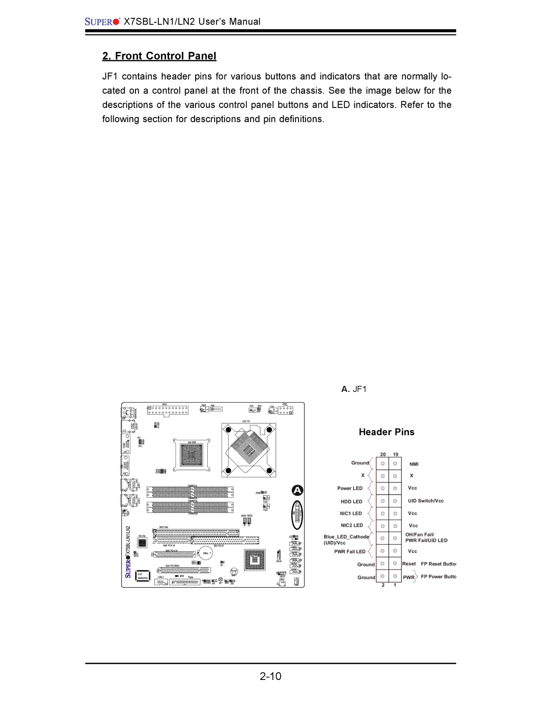 SUPER MICRO Computer X7SBL-LN1/LN2 user manual Front Control Panel, Header Pins 