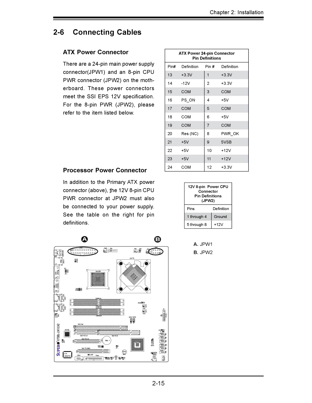 SUPER MICRO Computer X7SBL-LN1/LN2 user manual Connecting Cables, ATX Power Connector, Processor Power Connector 