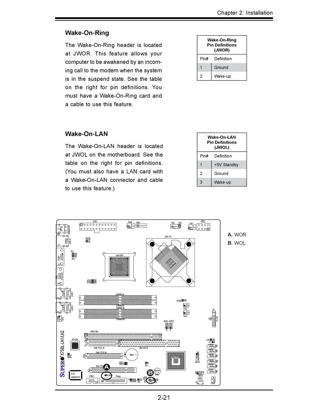 SUPER MICRO Computer X7SBL-LN1/LN2 user manual Wake-On-Ring, Wake-On-LAN 