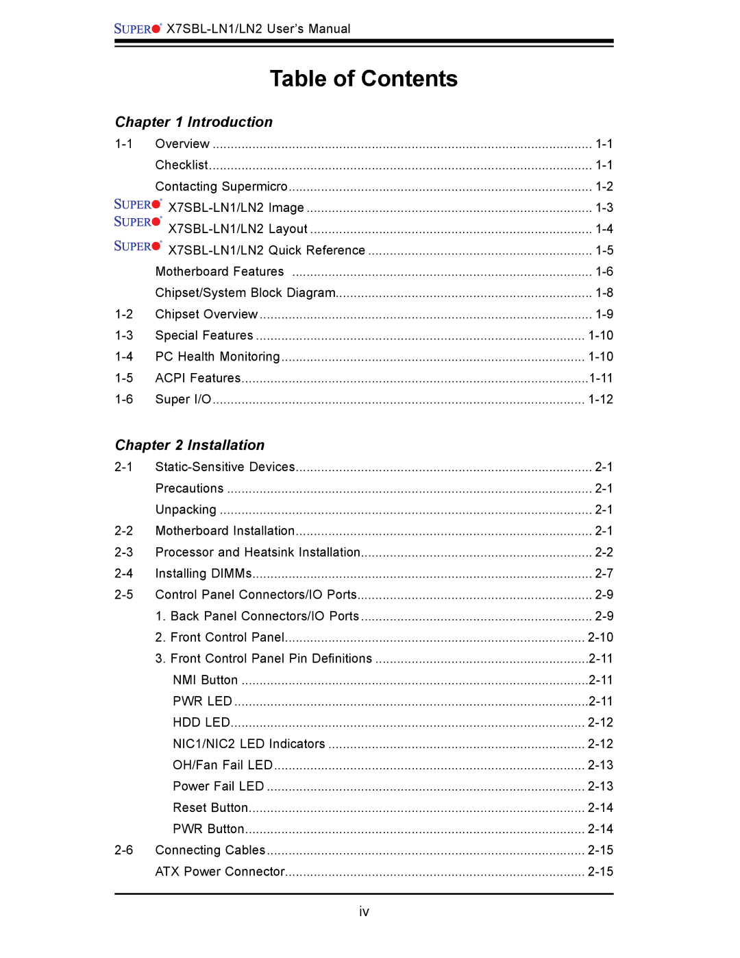 SUPER MICRO Computer X7SBL-LN1/LN2 user manual Table of Contents 