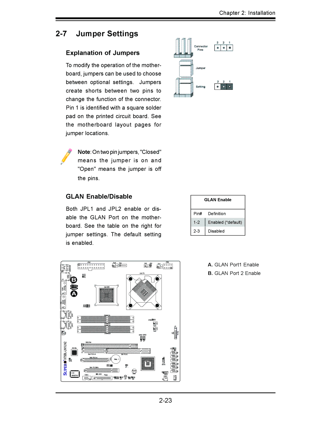 SUPER MICRO Computer X7SBL-LN1/LN2 user manual Jumper Settings, Explanation of Jumpers, Glan Enable/Disable 