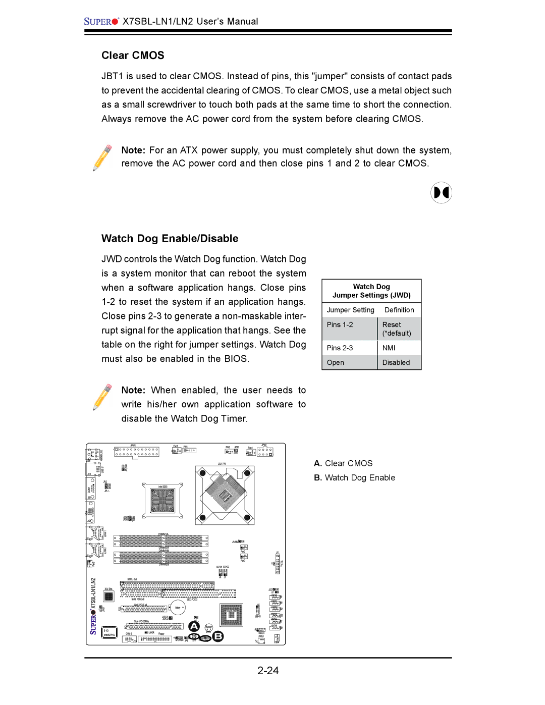 SUPER MICRO Computer X7SBL-LN1/LN2 user manual Clear Cmos, Watch Dog Enable/Disable 