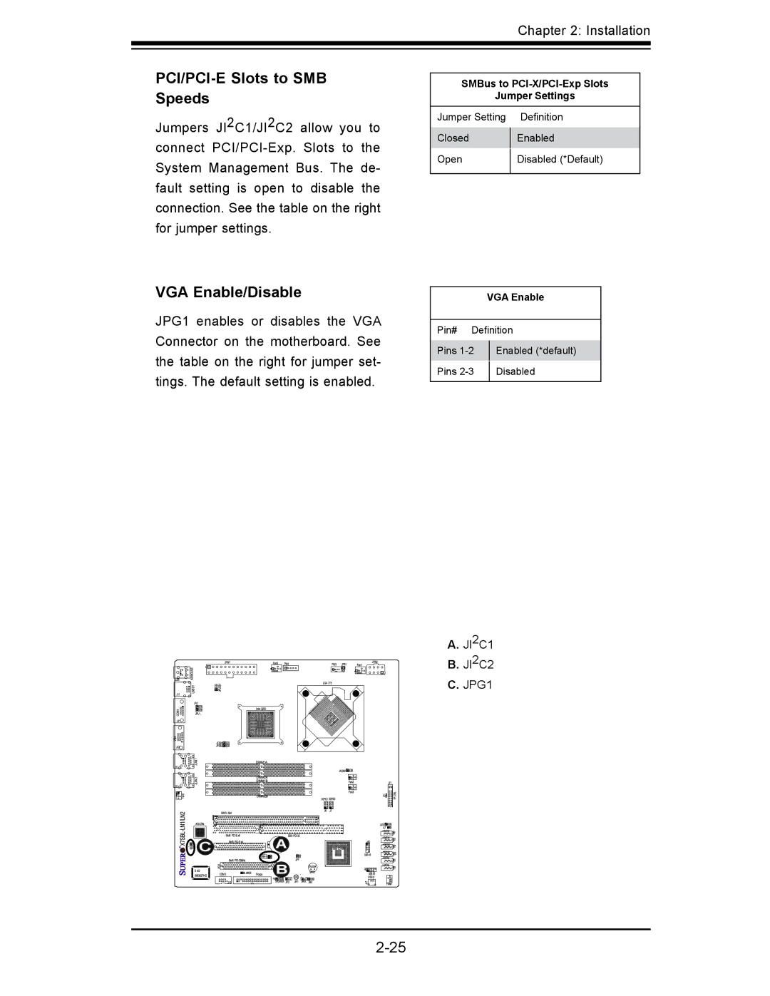 SUPER MICRO Computer X7SBL-LN1/LN2 user manual PCI/PCI-E Slots to SMB Speeds, VGA Enable/Disable 