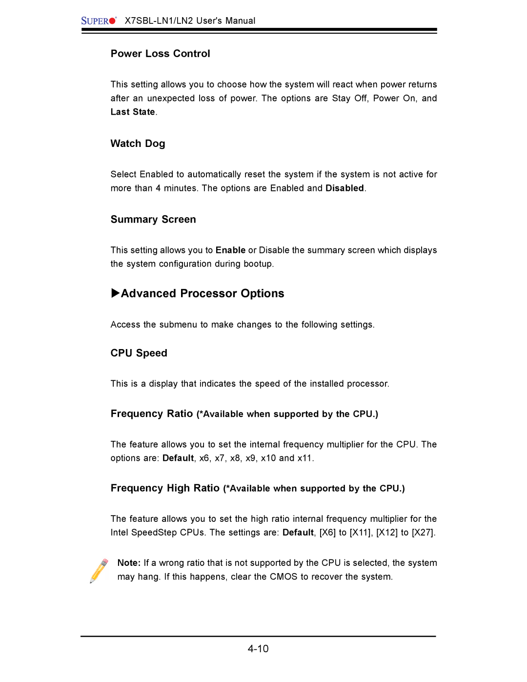 SUPER MICRO Computer X7SBL-LN1/LN2 ΥAdvanced Processor Options, Power Loss Control, Watch Dog, Summary Screen, CPU Speed 