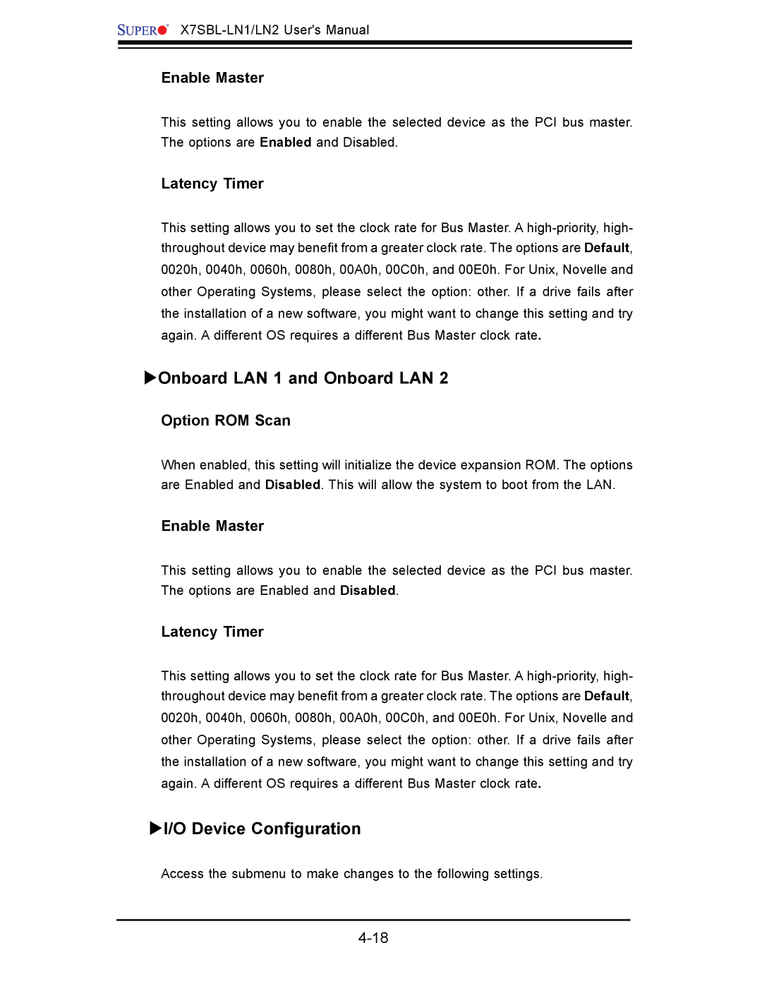 SUPER MICRO Computer X7SBL-LN1/LN2 user manual ΥOnboard LAN 1 and Onboard LAN, ΥI/O Device Conﬁ guration 