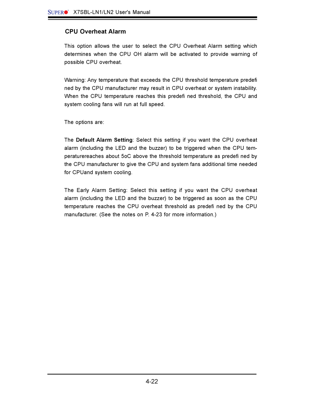 SUPER MICRO Computer X7SBL-LN1/LN2 user manual CPU Overheat Alarm 