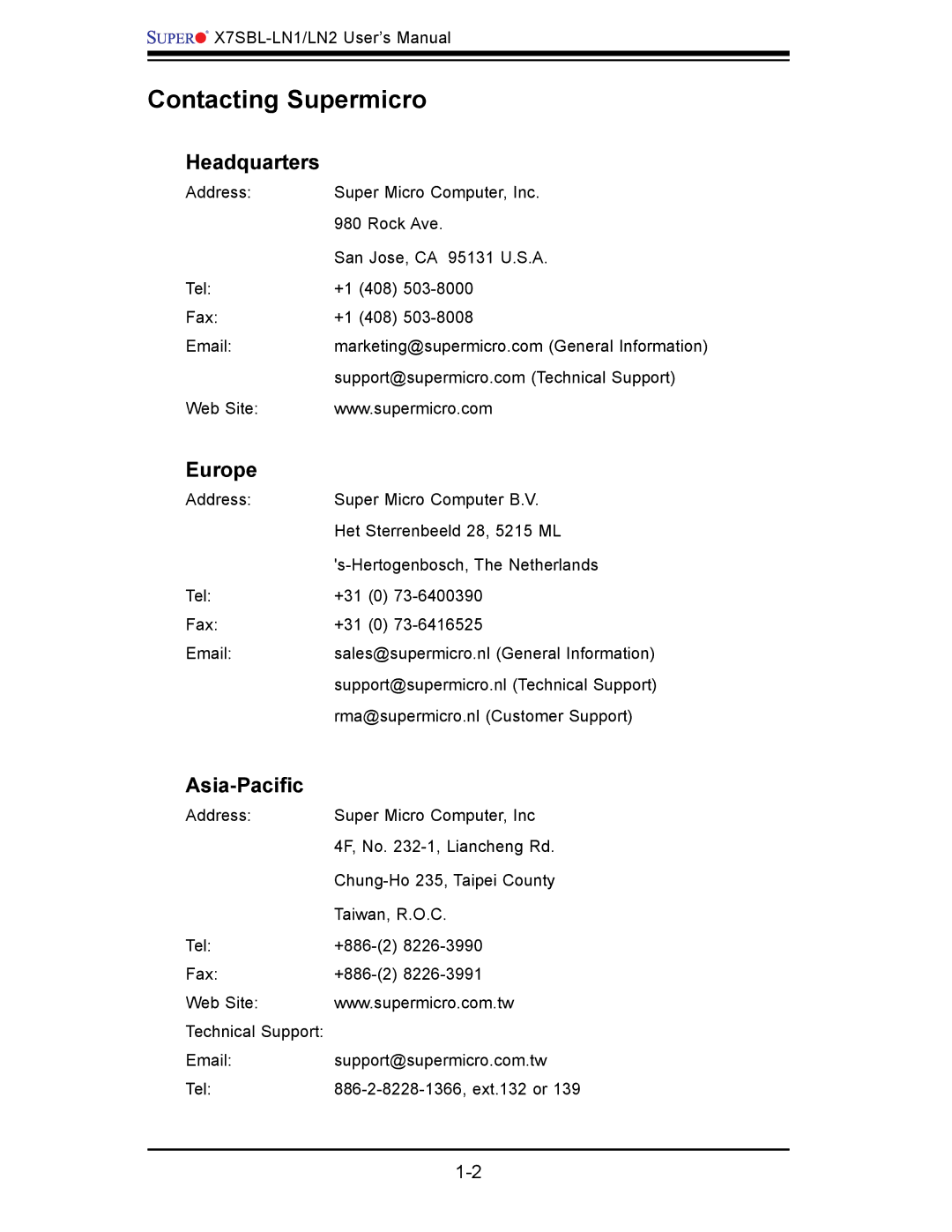 SUPER MICRO Computer X7SBL-LN1/LN2 user manual Headquarters, Europe, Asia-Paciﬁ c 