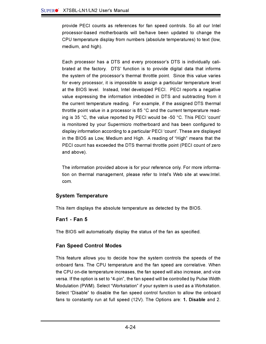 SUPER MICRO Computer X7SBL-LN1/LN2 user manual System Temperature, Fan1 Fan, Fan Speed Control Modes 