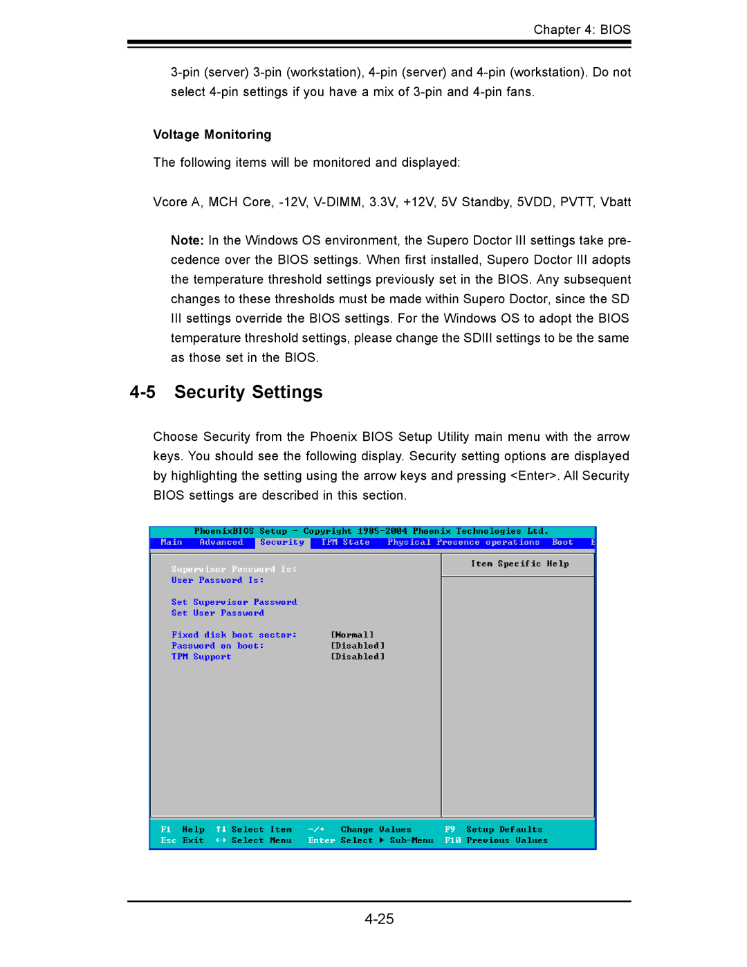 SUPER MICRO Computer X7SBL-LN1/LN2 user manual Security Settings, Voltage Monitoring 