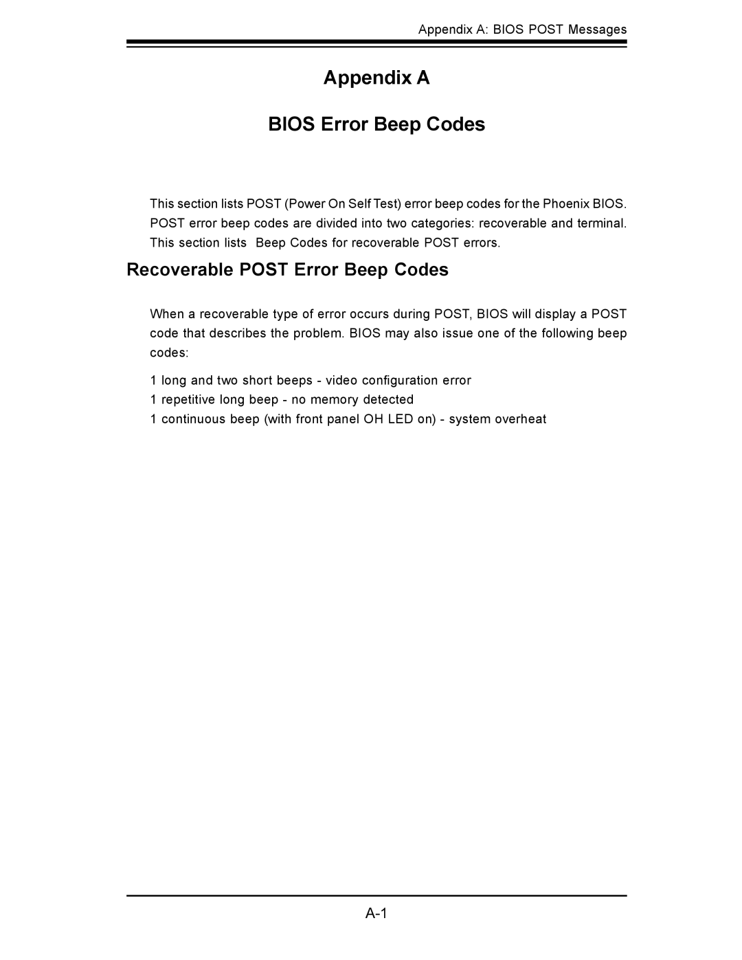 SUPER MICRO Computer X7SBL-LN1/LN2 user manual Appendix a Bios Error Beep Codes, Recoverable Post Error Beep Codes 
