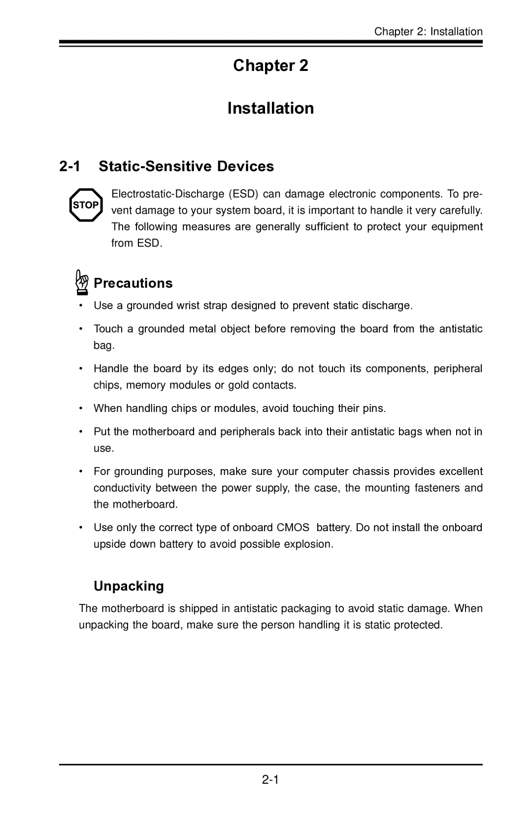 SUPER MICRO Computer X7SLA-L, X7SLA-H user manual Chapter Installation, Static-Sensitive Devices, Precautions, Unpacking 