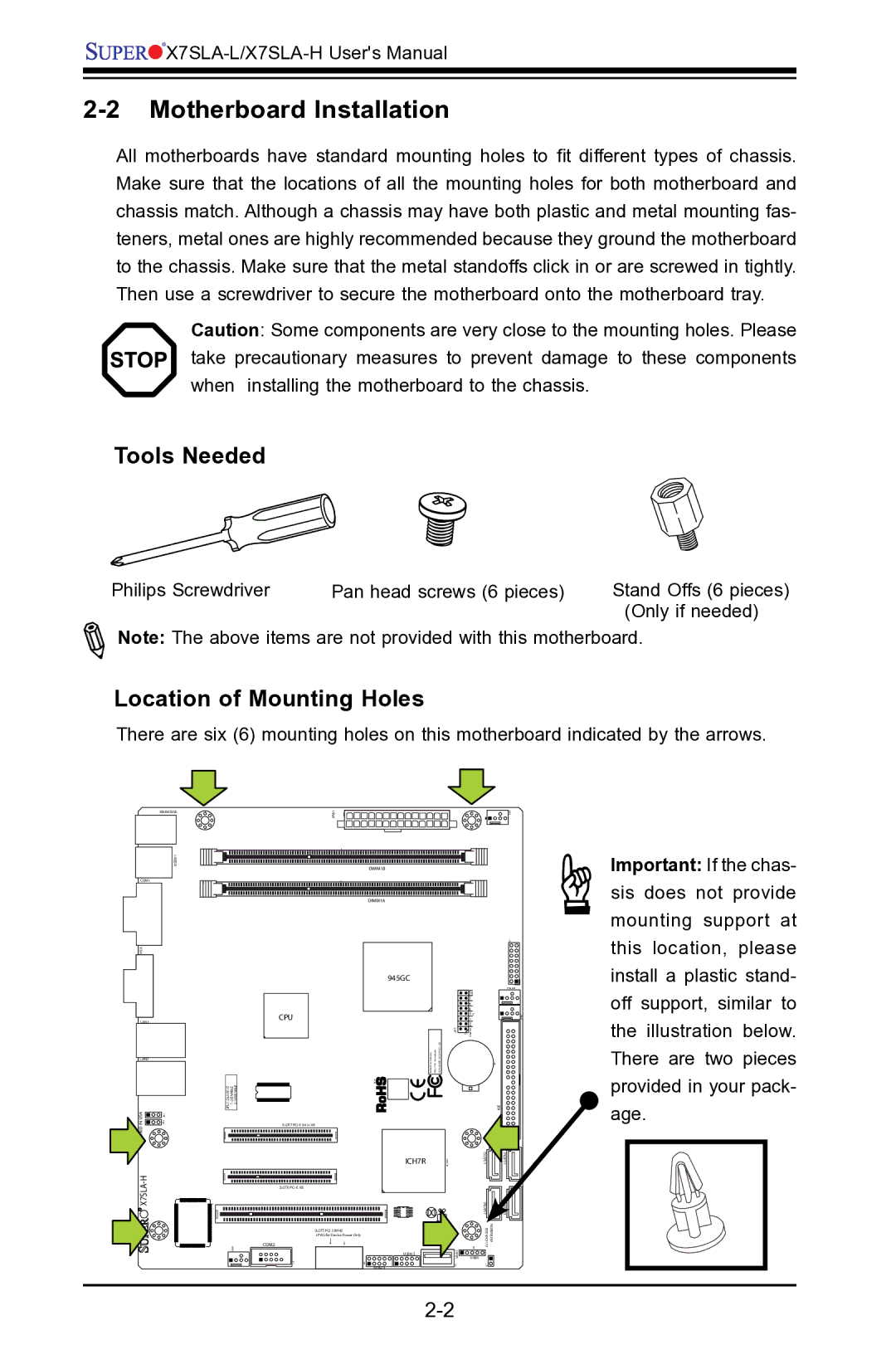 SUPER MICRO Computer X7SLA-H, X7SLA-L user manual Motherboard Installation, Tools Needed, Location of Mounting Holes 