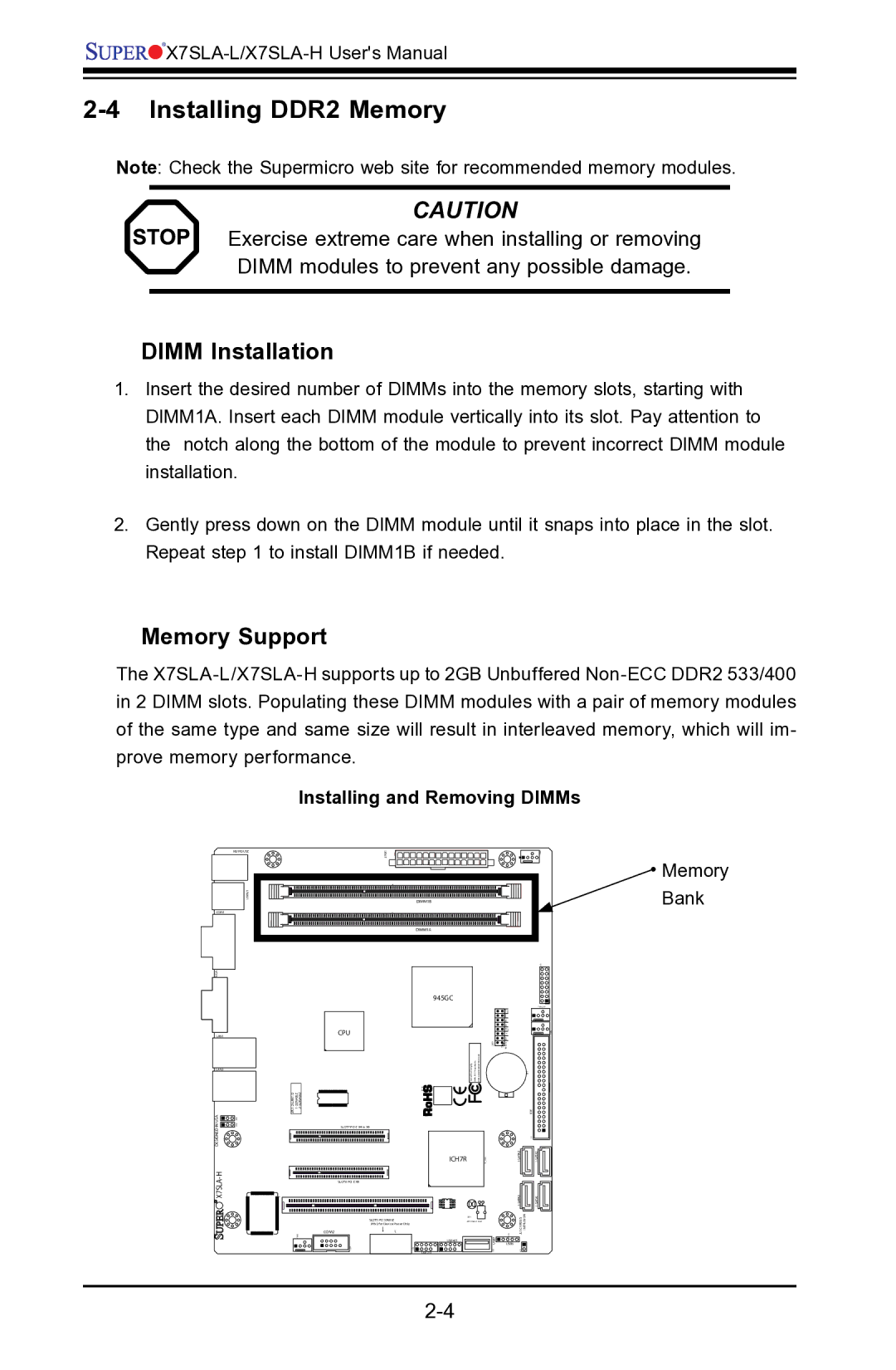 SUPER MICRO Computer X7SLA-H Installing DDR2 Memory, Dimm Installation, Memory Support, Installing and Removing DIMMs 