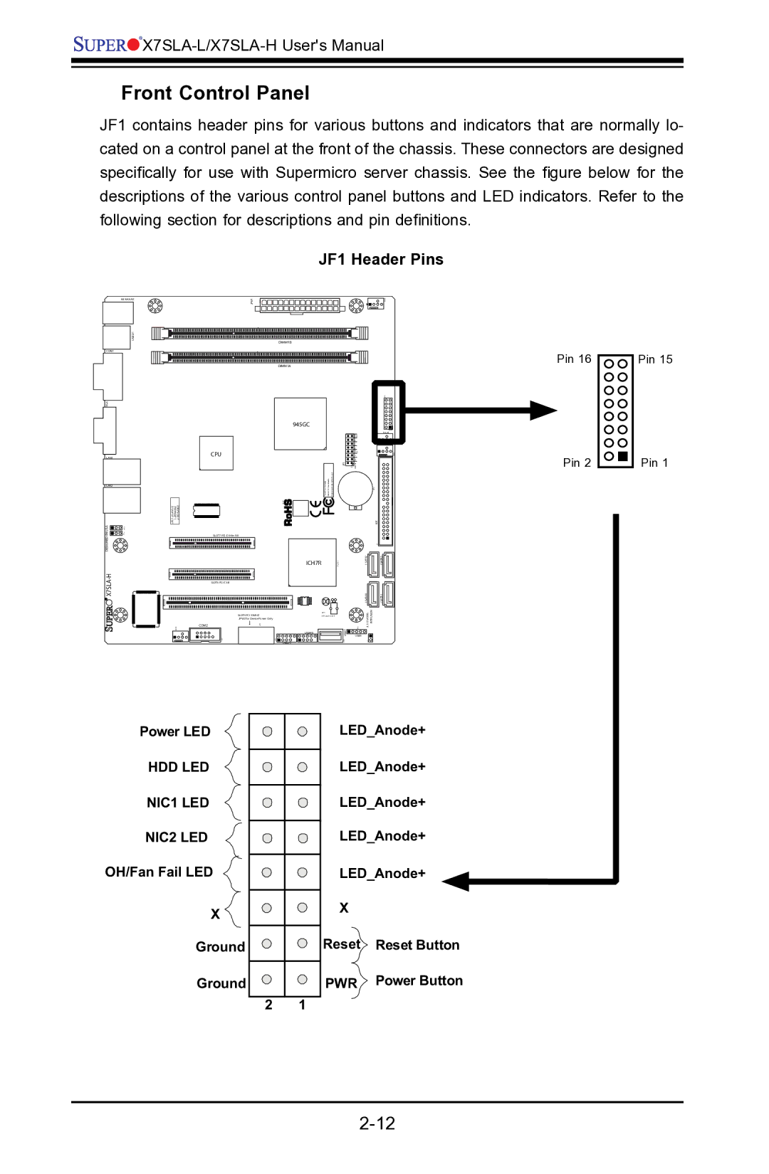 SUPER MICRO Computer X7SLA-H, X7SLA-L user manual Front Control Panel, JF1 Header Pins 