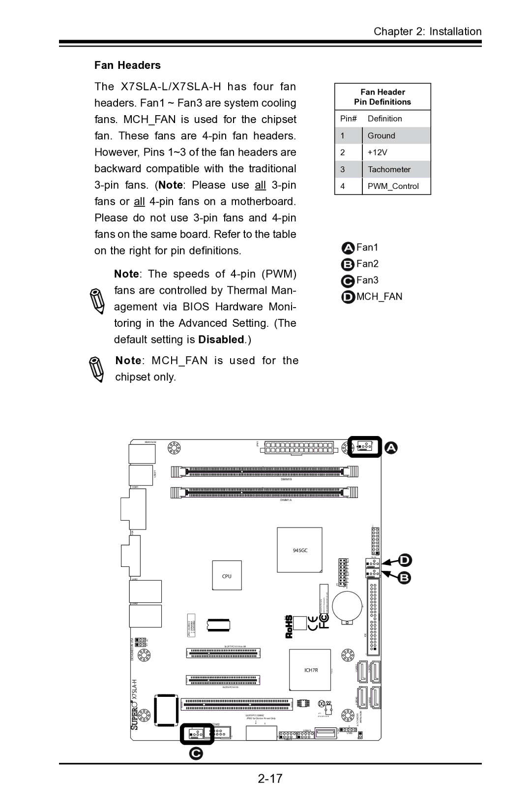 SUPER MICRO Computer X7SLA-L, X7SLA-H user manual Fan Headers, Fan1 Fan2 Fan3 