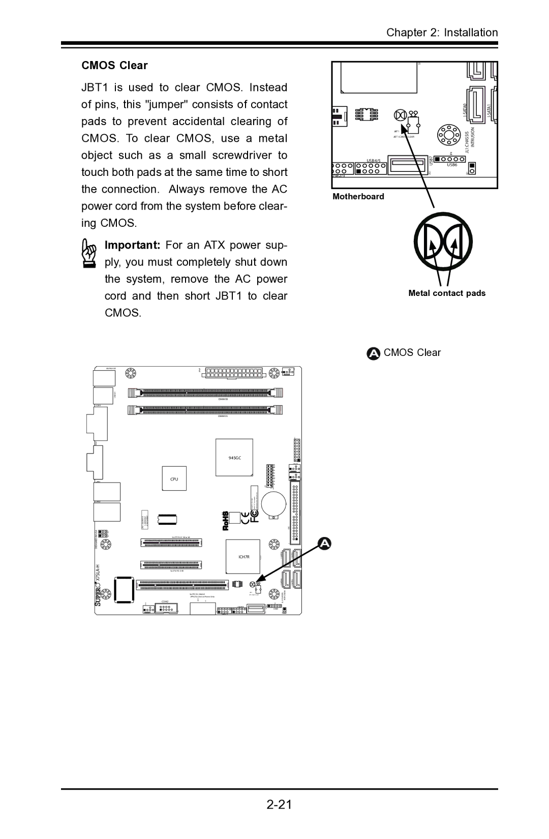 SUPER MICRO Computer X7SLA-L, X7SLA-H user manual Cmos Clear 