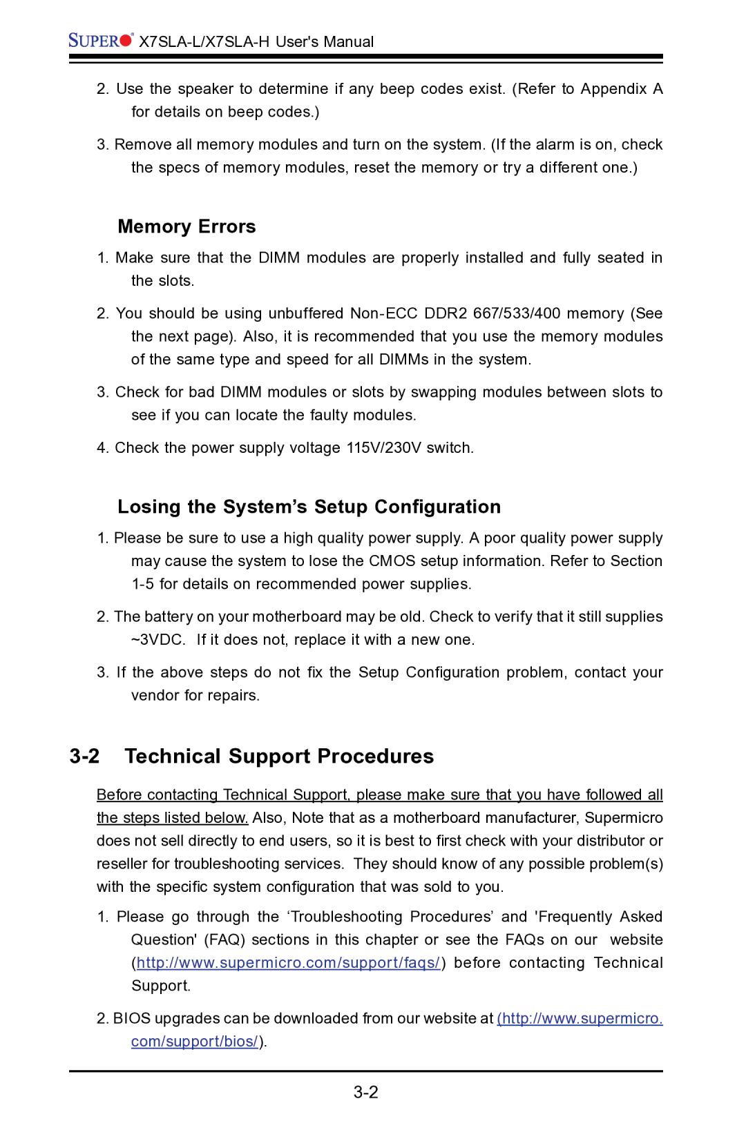 SUPER MICRO Computer X7SLA-H, X7SLA-L Technical Support Procedures, Memory Errors, Losing the System’s Setup Configuration 