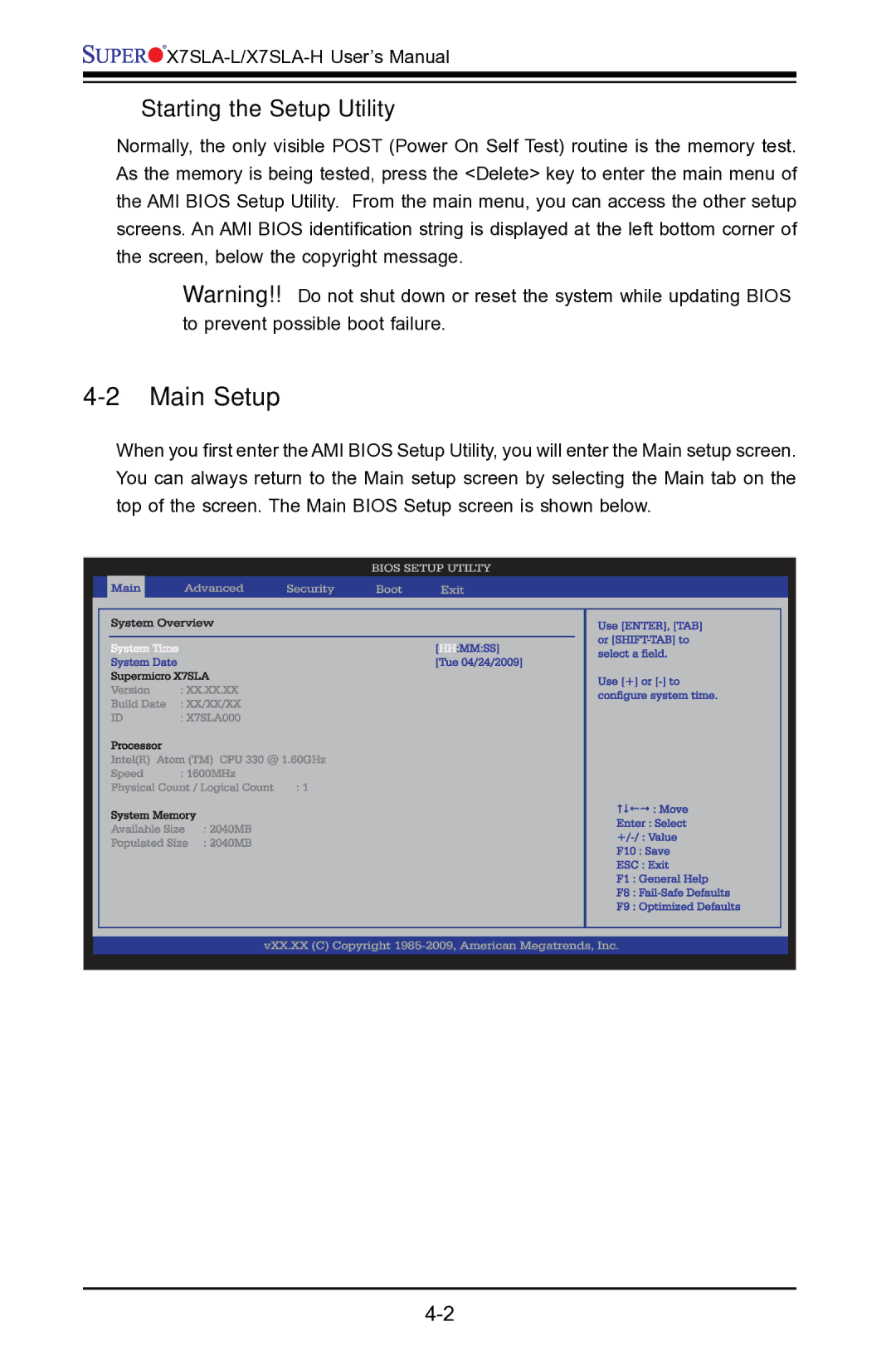 SUPER MICRO Computer X7SLA-H, X7SLA-L user manual Main Setup, Starting the Setup Utility 