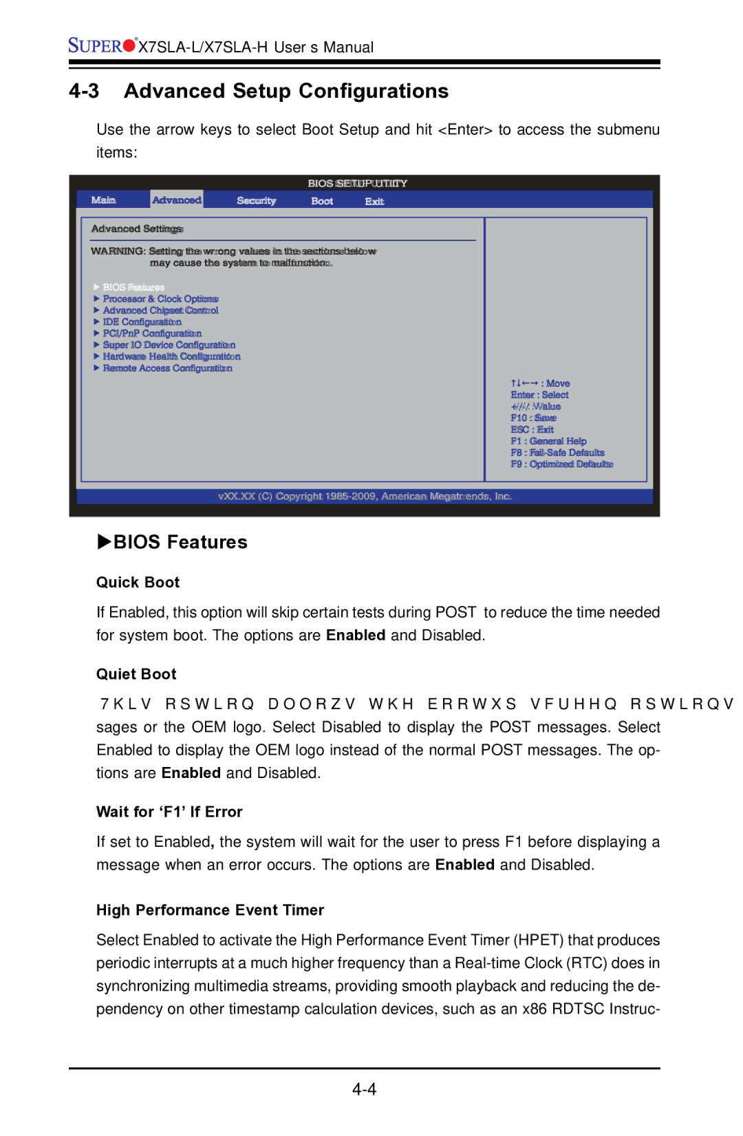 SUPER MICRO Computer X7SLA-H, X7SLA-L user manual Advanced Setup Configurations, BIOS Features 