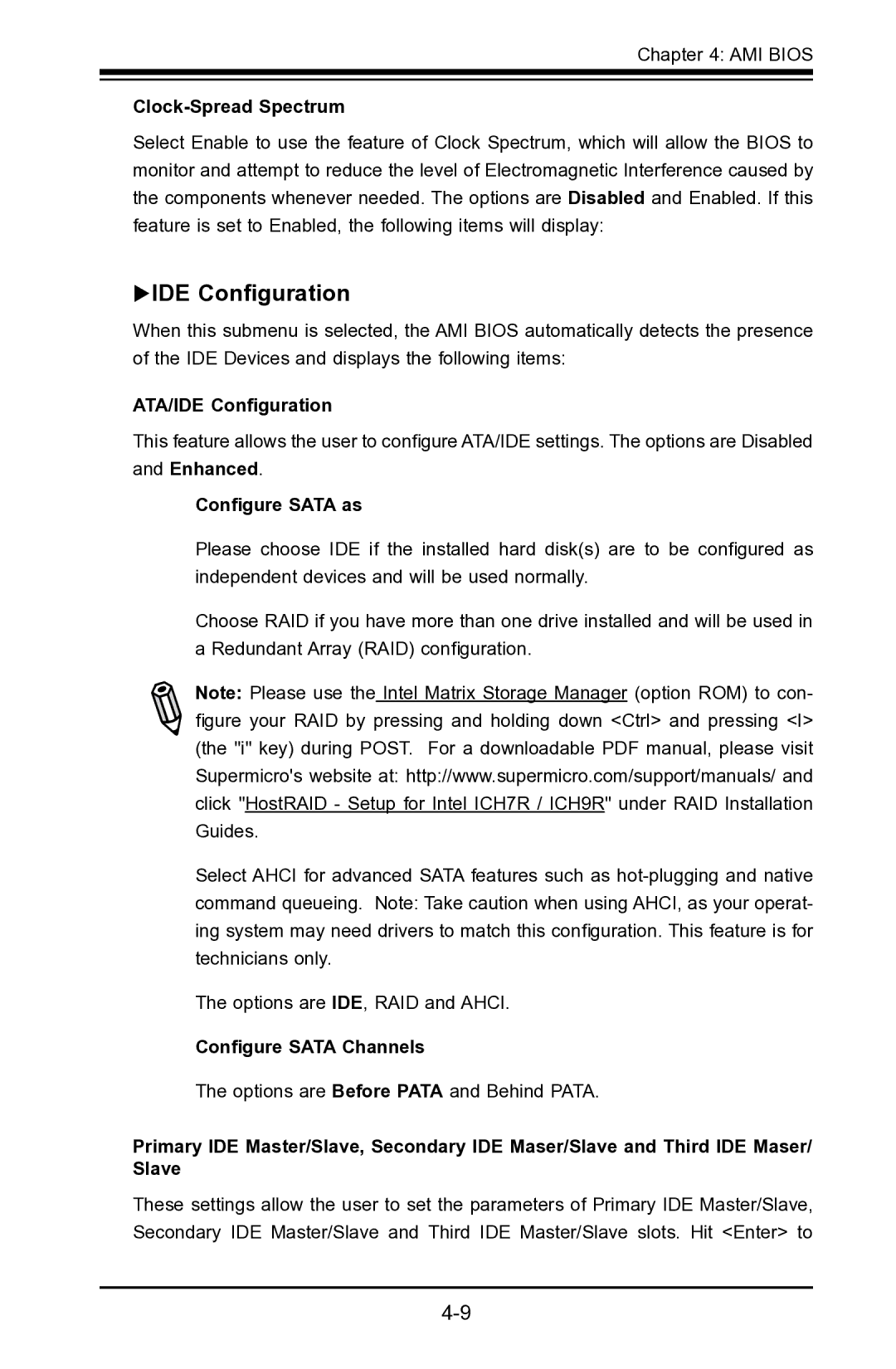 SUPER MICRO Computer X7SLA-L, X7SLA-H IDE Configuration, Clock-Spread Spectrum, ATA/IDE Configuration, Configure Sata as 