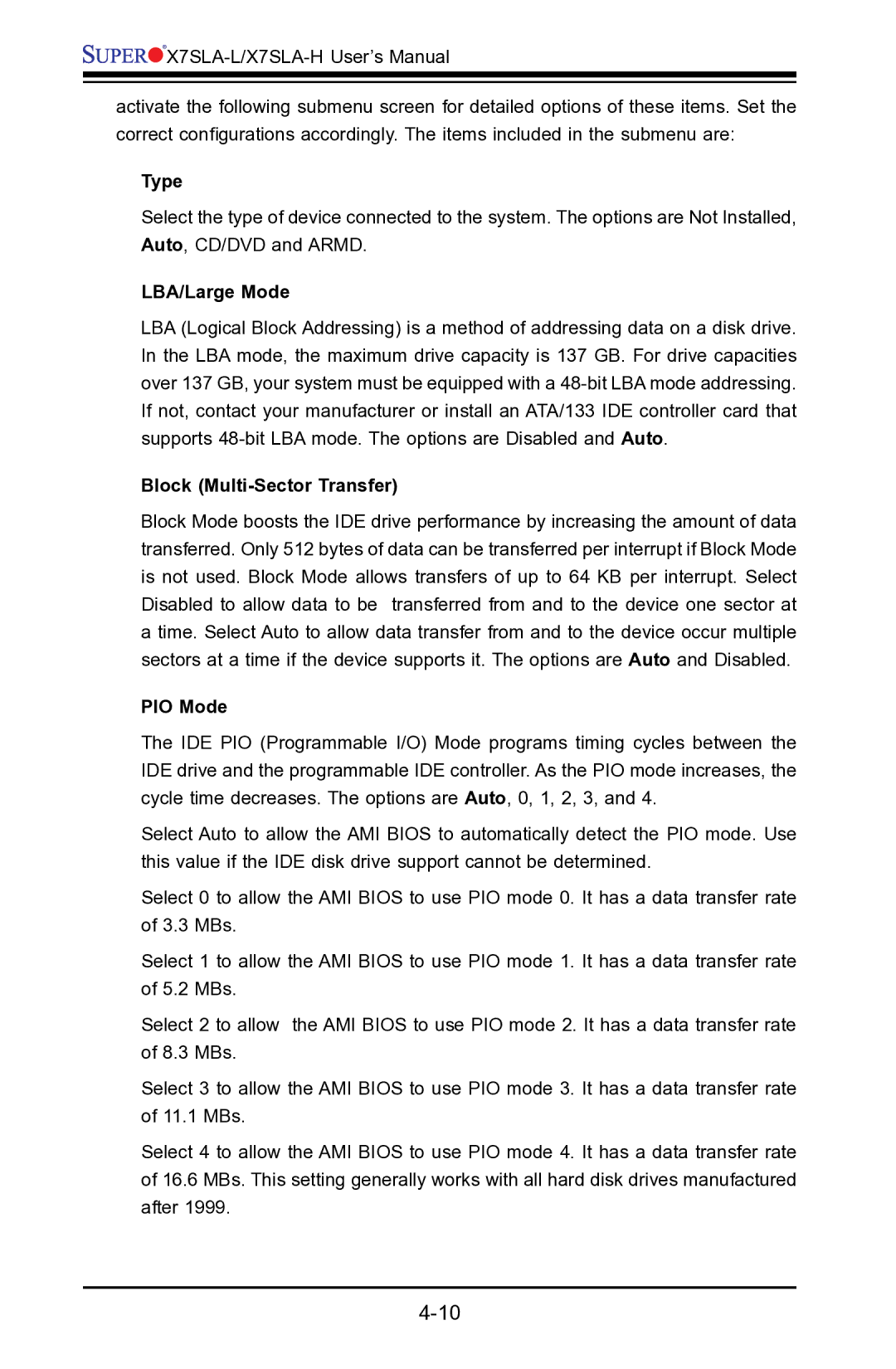 SUPER MICRO Computer X7SLA-H, X7SLA-L user manual Type, LBA/Large Mode, Block Multi-Sector Transfer, PIO Mode 