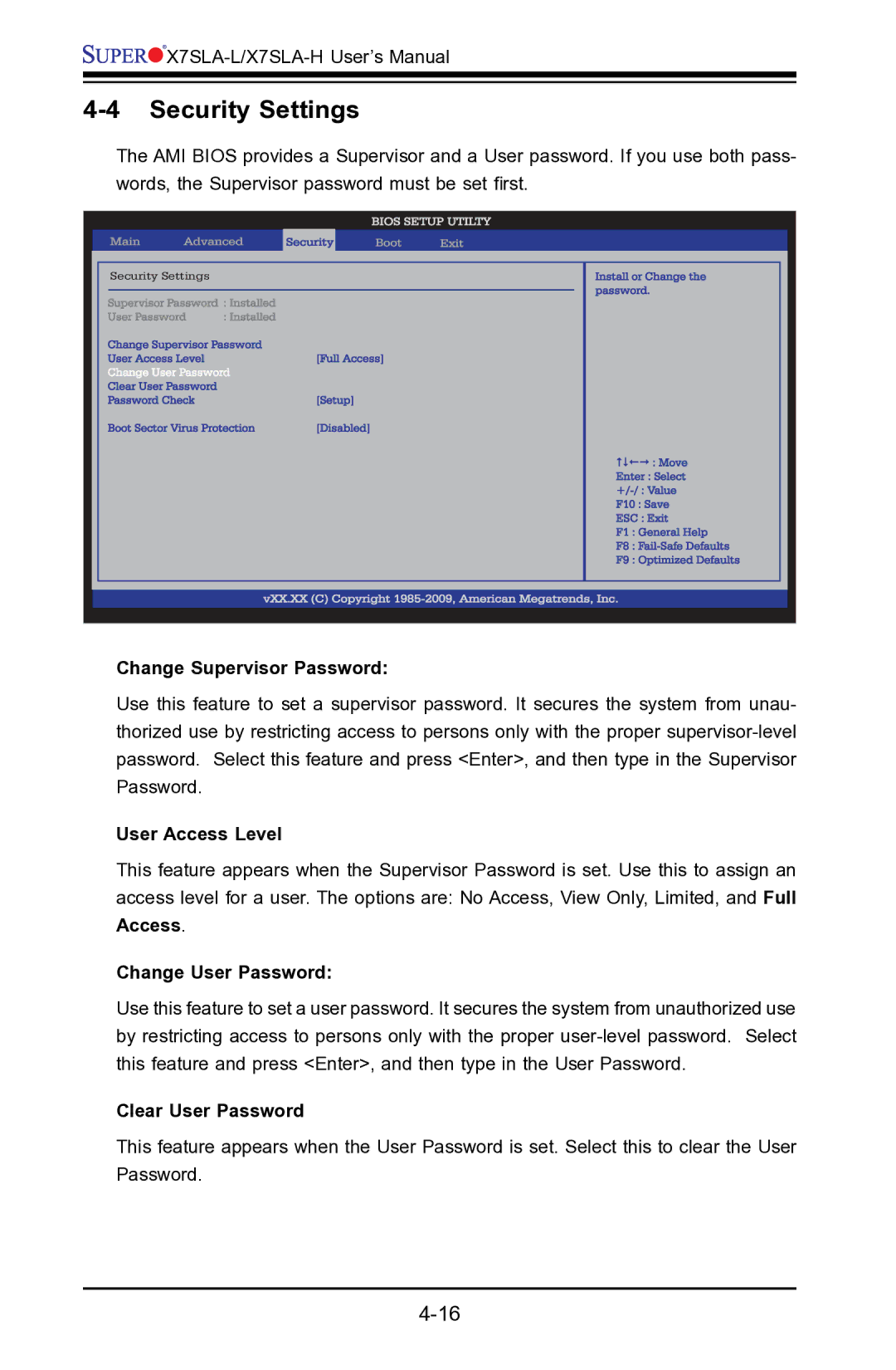 SUPER MICRO Computer X7SLA-H Security Settings, Change Supervisor Password, User Access Level, Change User Password 