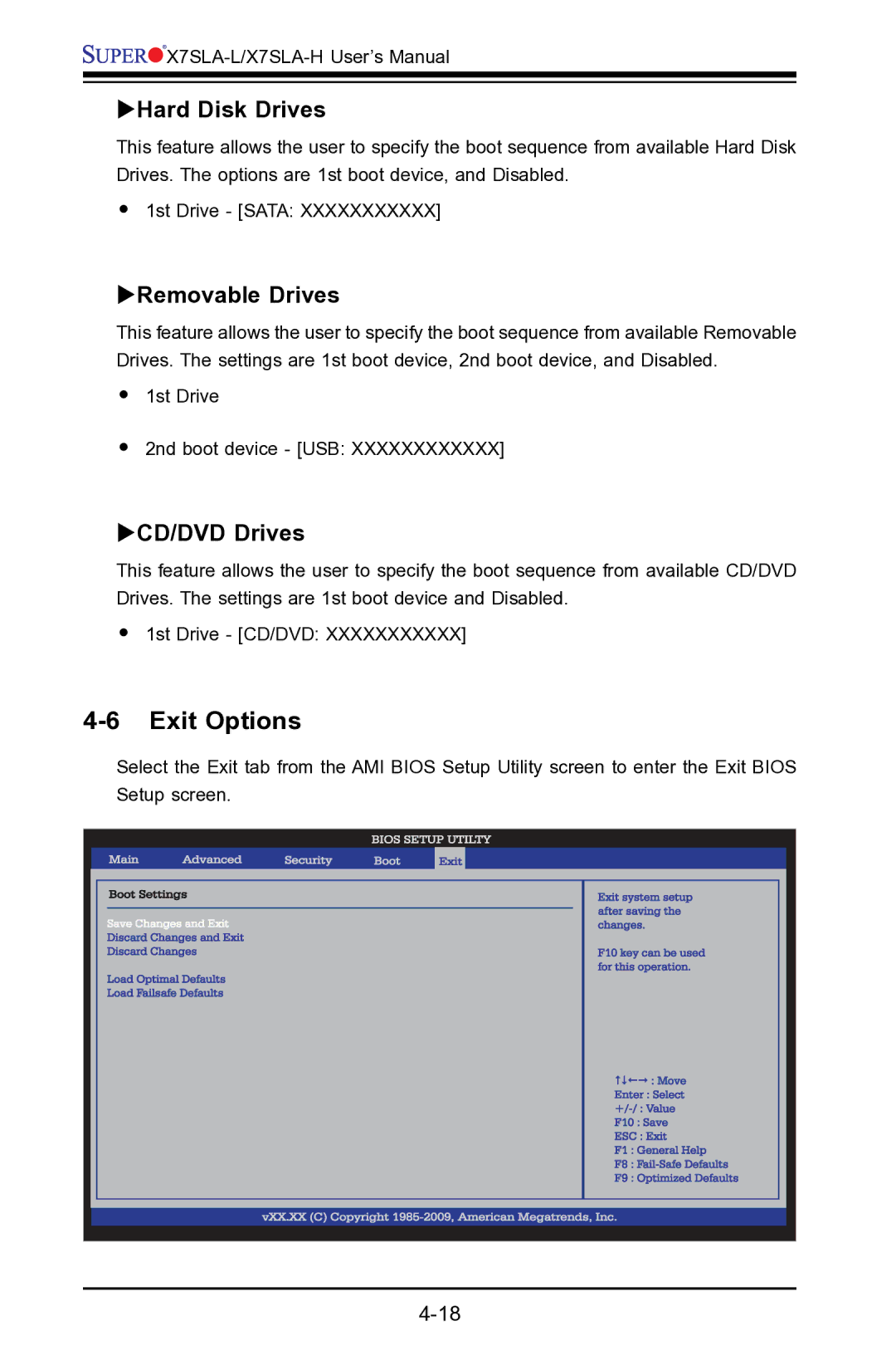 SUPER MICRO Computer X7SLA-H, X7SLA-L user manual Exit Options, Hard Disk Drives, Removable Drives, CD/DVD Drives 