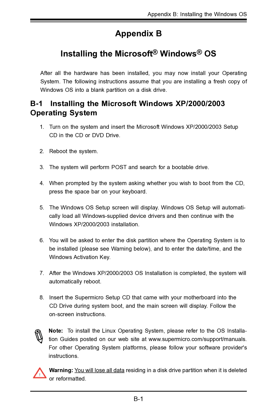 SUPER MICRO Computer X7SLA-L, X7SLA-H user manual Appendix B Installing the Microsoft Windows OS 