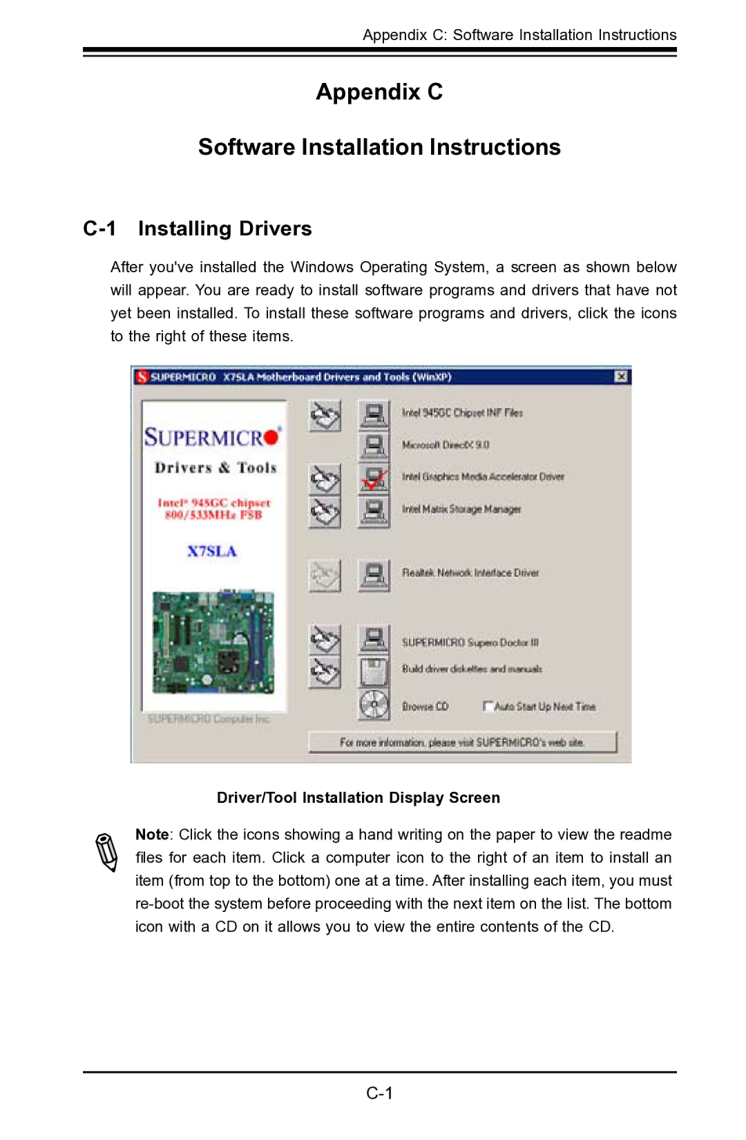 SUPER MICRO Computer X7SLA-L, X7SLA-H user manual Appendix C Software Installation Instructions, Installing Drivers 