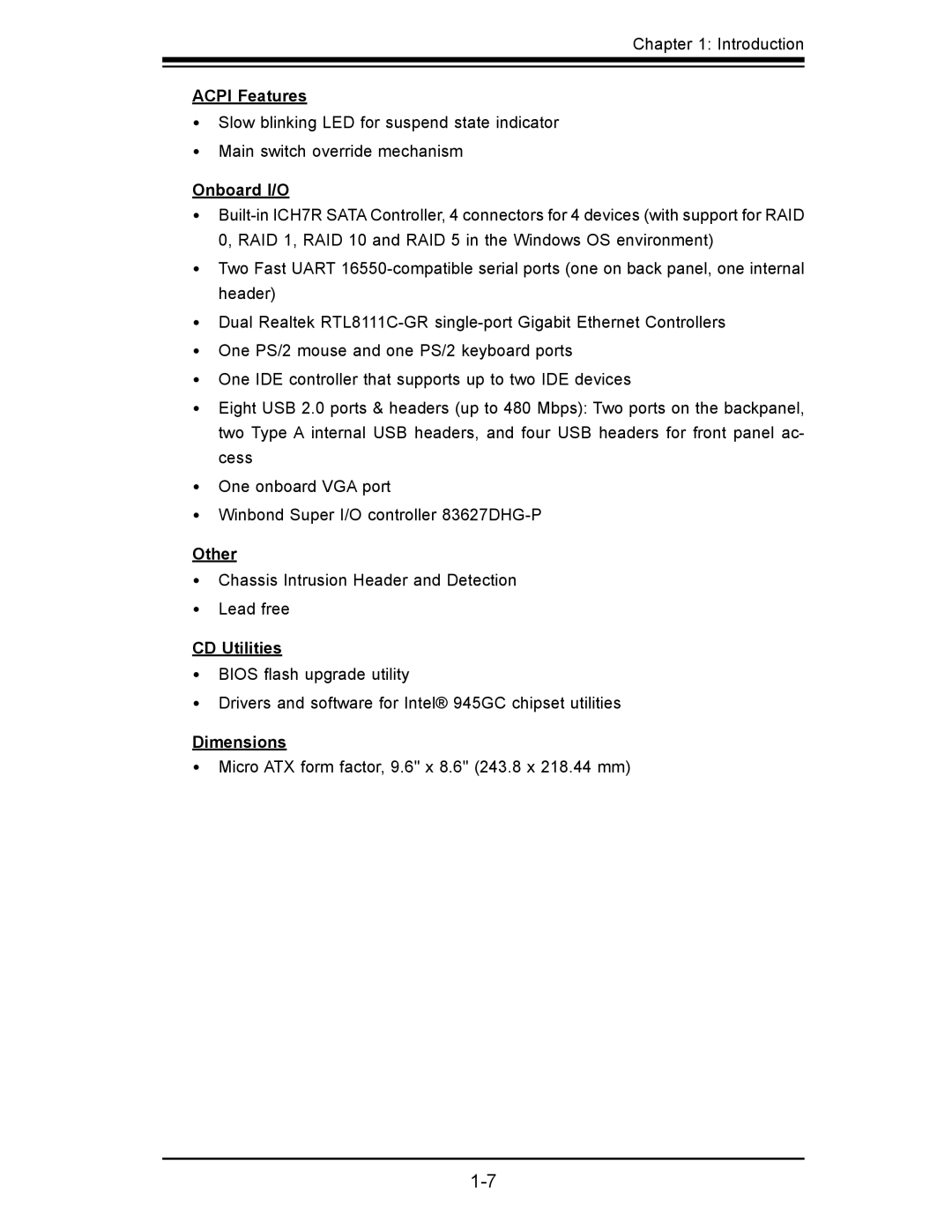 SUPER MICRO Computer x7slm-l user manual Acpi Features, Onboard I/O, Other, CD Utilities, Dimensions 