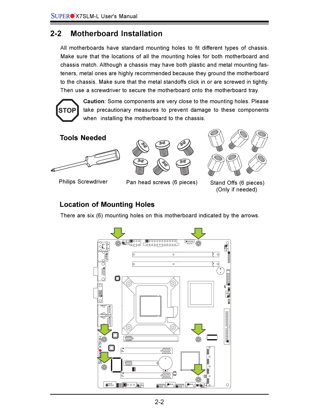 SUPER MICRO Computer x7slm-l user manual Motherboard Installation, Tools Needed, Location of Mounting Holes 