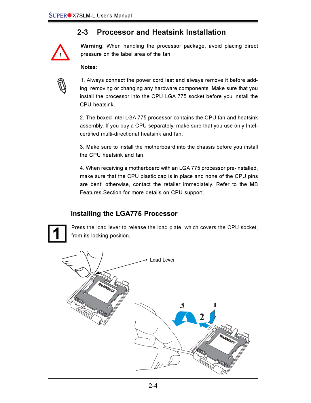 SUPER MICRO Computer x7slm-l user manual Processor and Heatsink Installation, Installing the LGA775 Processor 