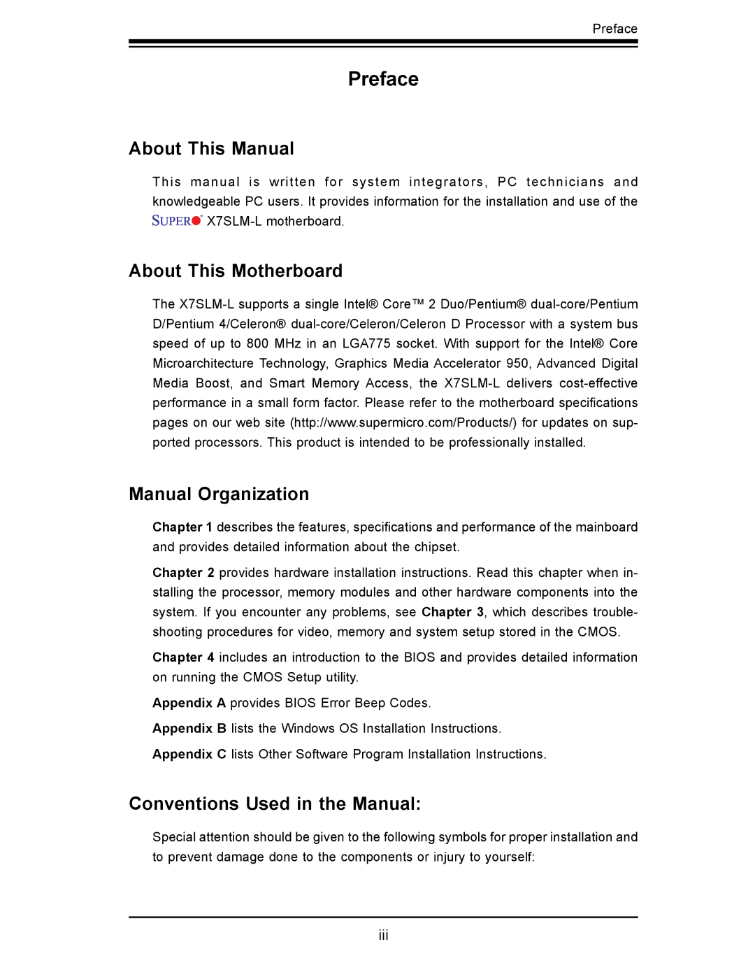 SUPER MICRO Computer x7slm-l About This Manual, About This Motherboard Manual Organization, Conventions Used in the Manual 