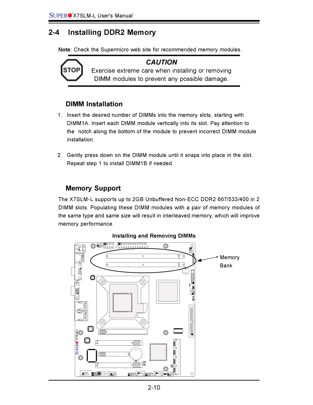SUPER MICRO Computer x7slm-l Installing DDR2 Memory, Dimm Installation, Memory Support, Installing and Removing DIMMs 