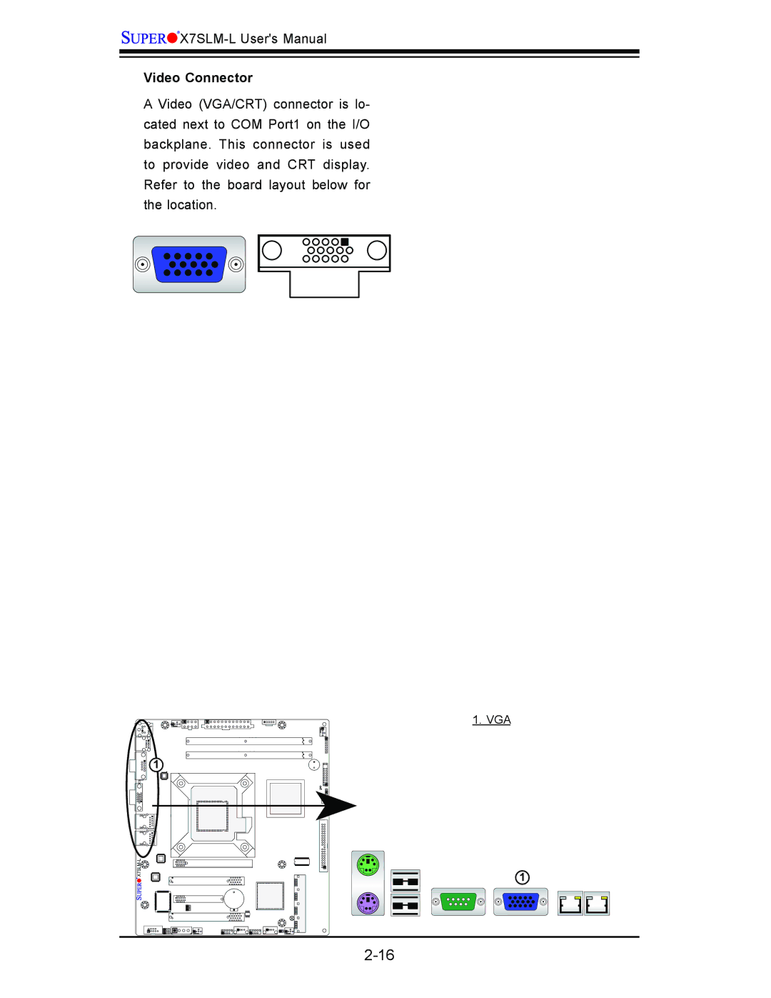 SUPER MICRO Computer x7slm-l user manual Video Connector 