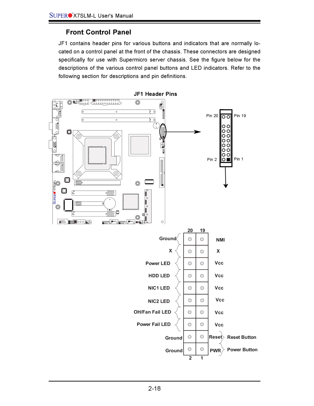 SUPER MICRO Computer x7slm-l user manual Front Control Panel, JF1 Header Pins 