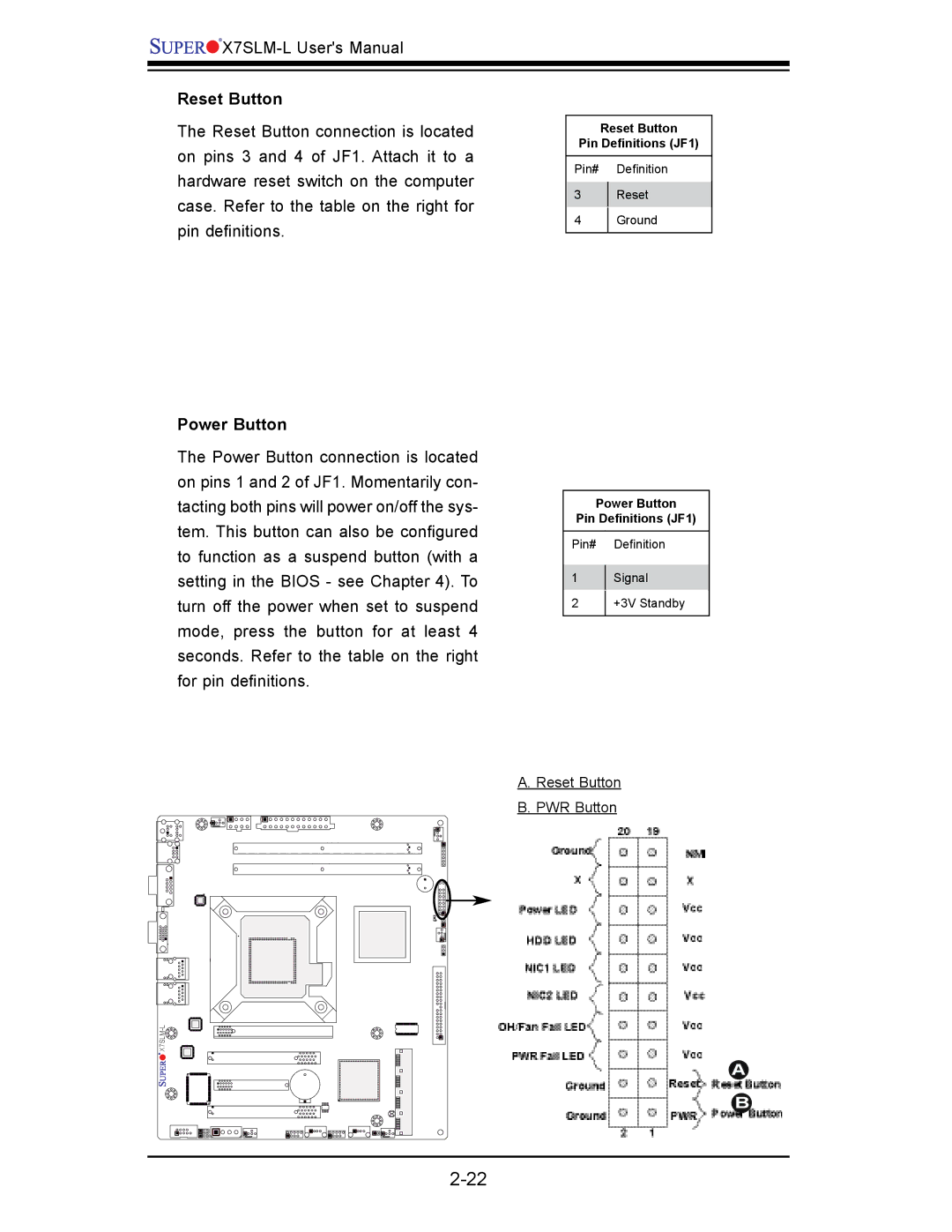 SUPER MICRO Computer x7slm-l user manual Reset Button, Power Button 