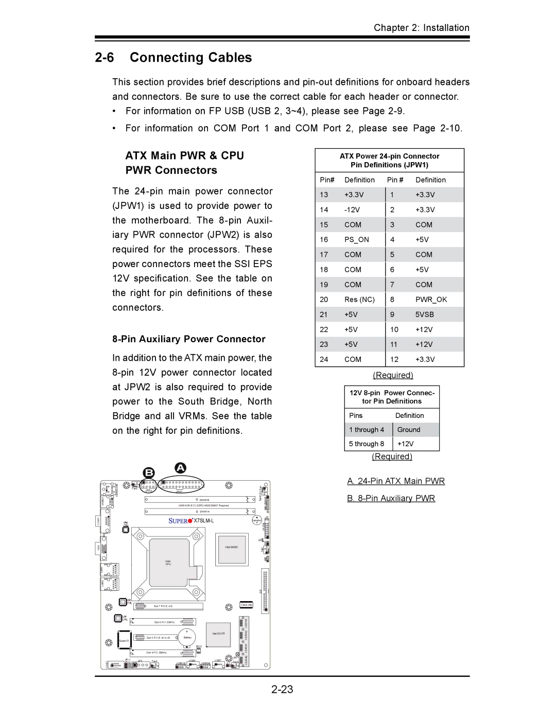 SUPER MICRO Computer x7slm-l user manual Connecting Cables, Pin Auxiliary Power Connector 