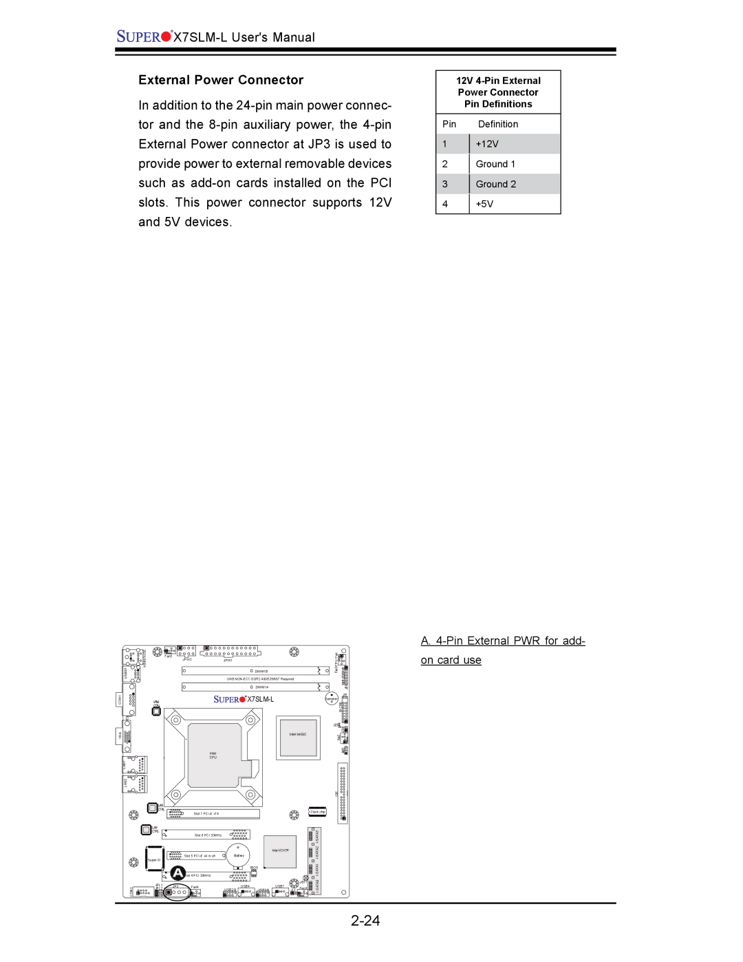 SUPER MICRO Computer x7slm-l user manual 12V 4-Pin External Power Connector Pin Deﬁ nitions 