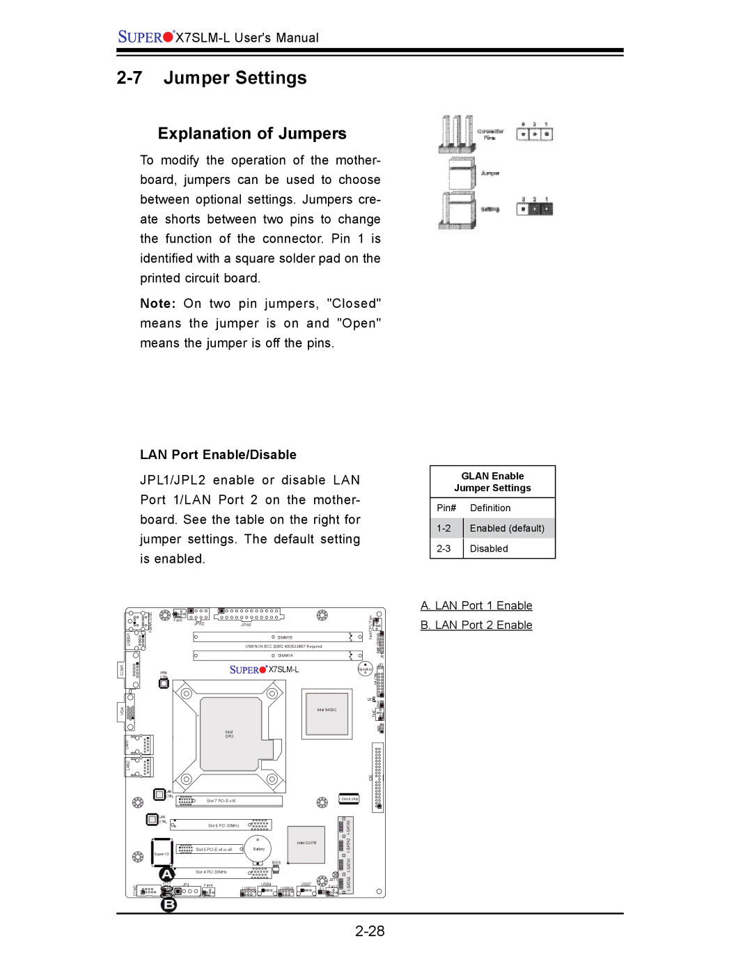 SUPER MICRO Computer x7slm-l user manual Jumper Settings, Explanation of Jumpers, LAN Port Enable/Disable 