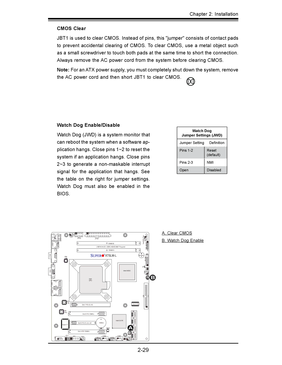 SUPER MICRO Computer x7slm-l user manual Cmos Clear, Watch Dog Enable/Disable 