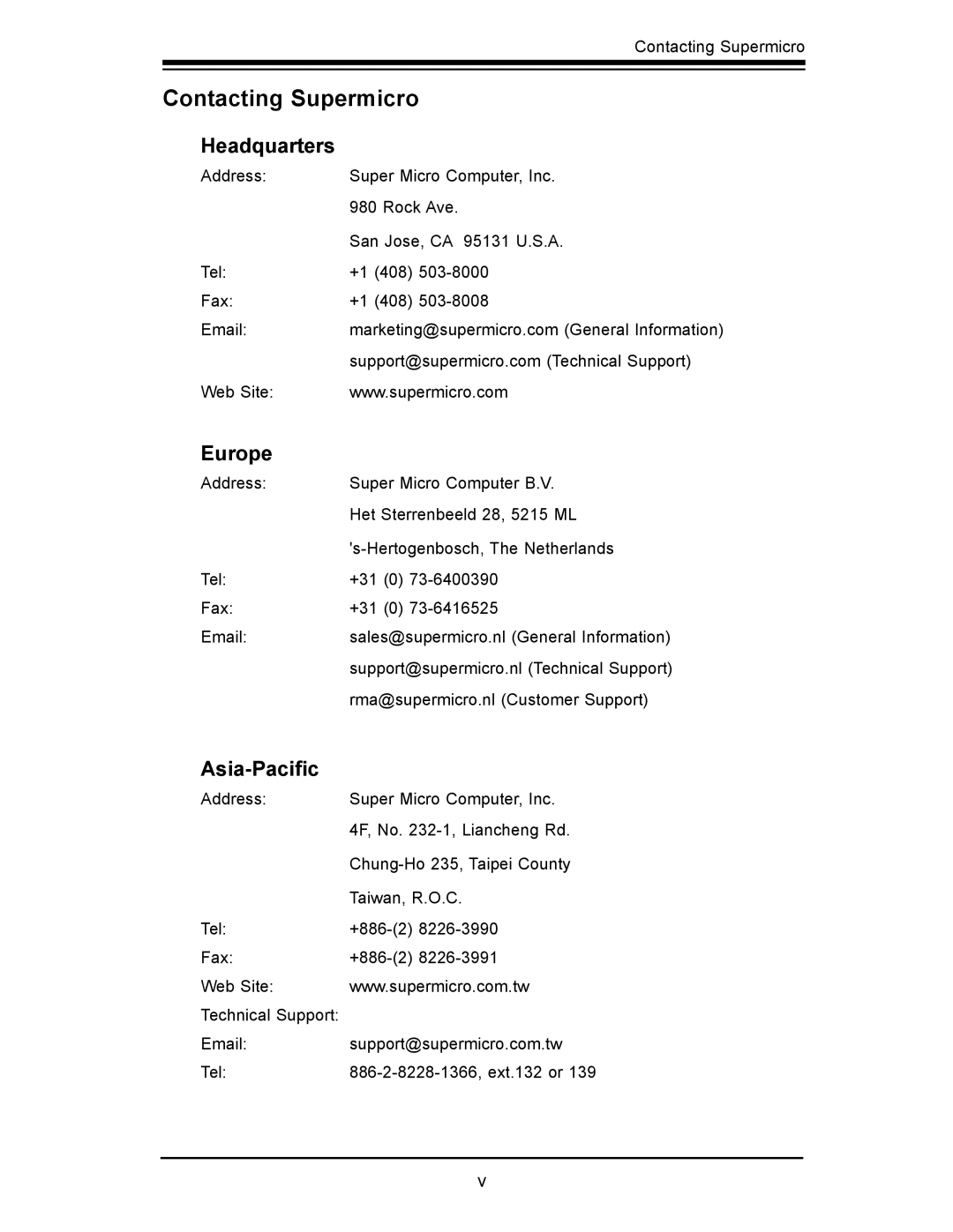 SUPER MICRO Computer x7slm-l user manual Contacting Supermicro, Headquarters, Europe, Asia-Paciﬁ c 