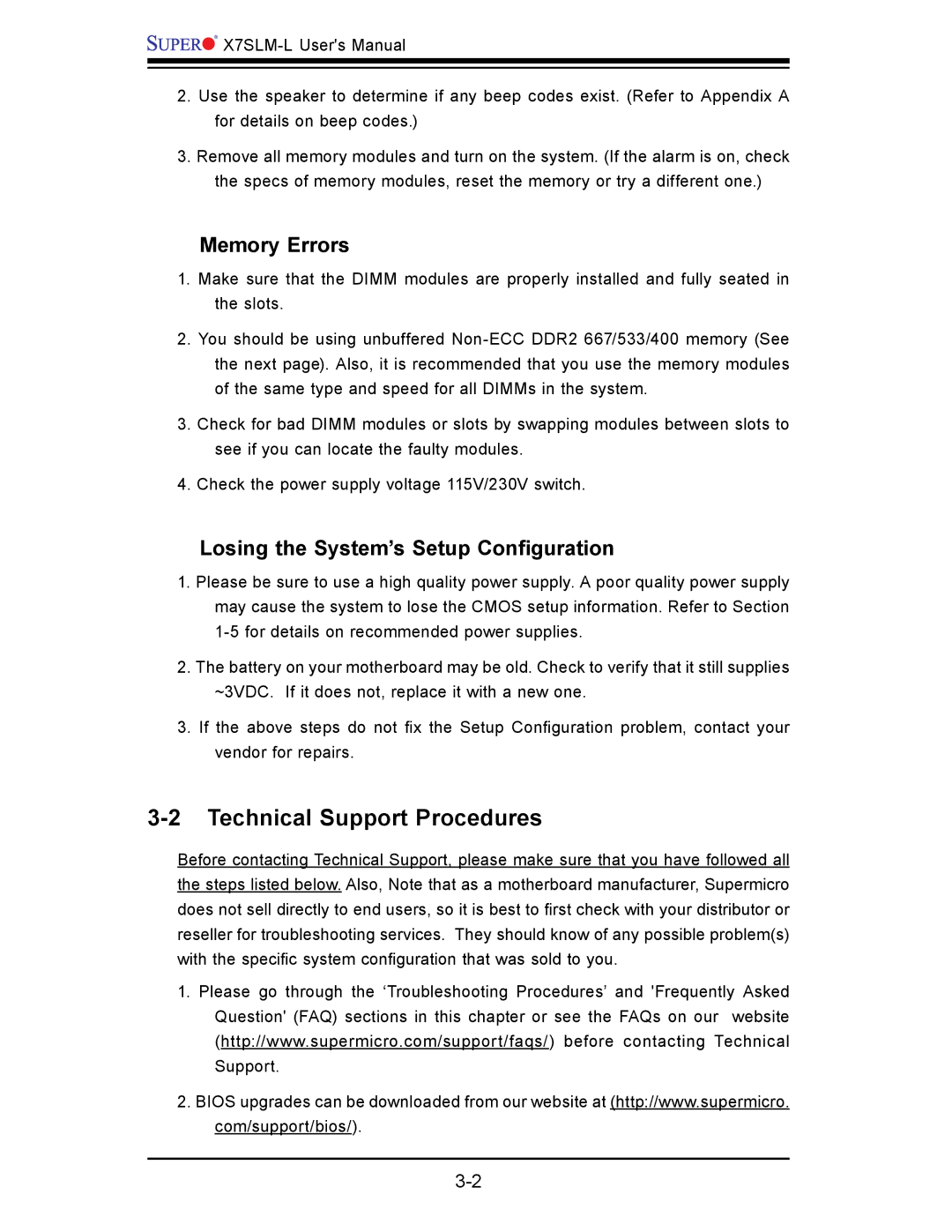 SUPER MICRO Computer x7slm-l Technical Support Procedures, Memory Errors, Losing the System’s Setup Conﬁ guration 